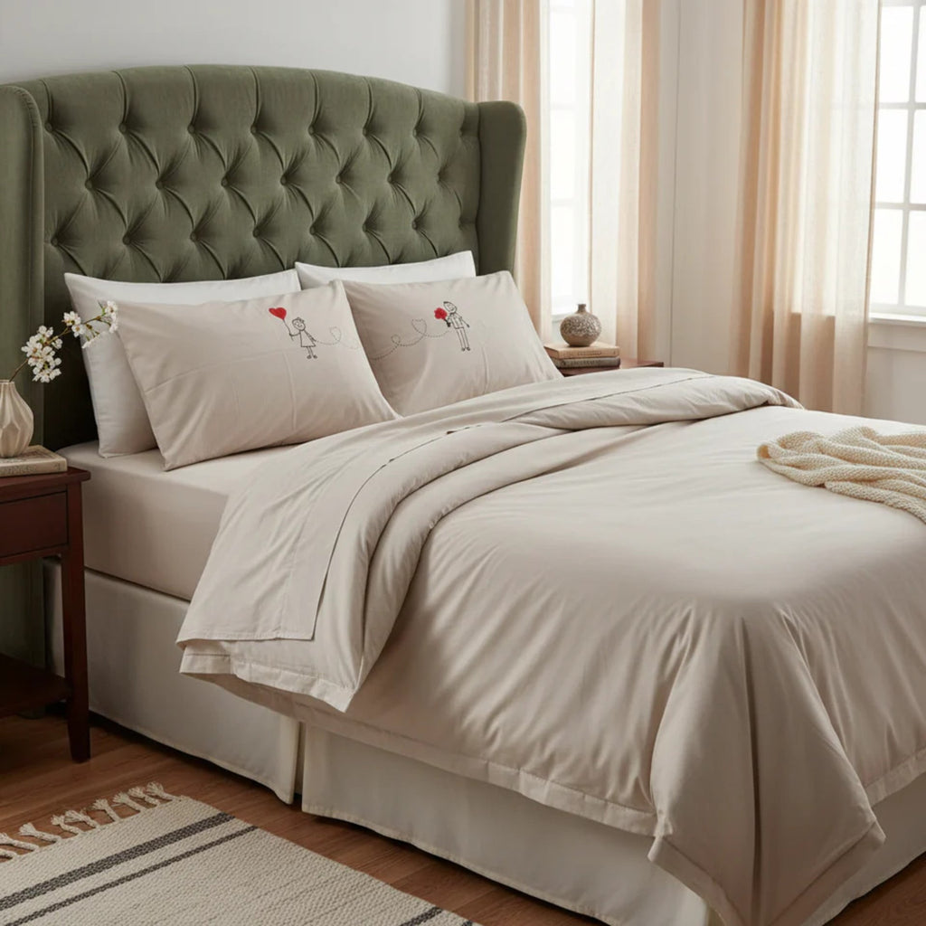 Combo Pareja Colcha Guiza + Sabana Novios Matrimonial Beautty Home