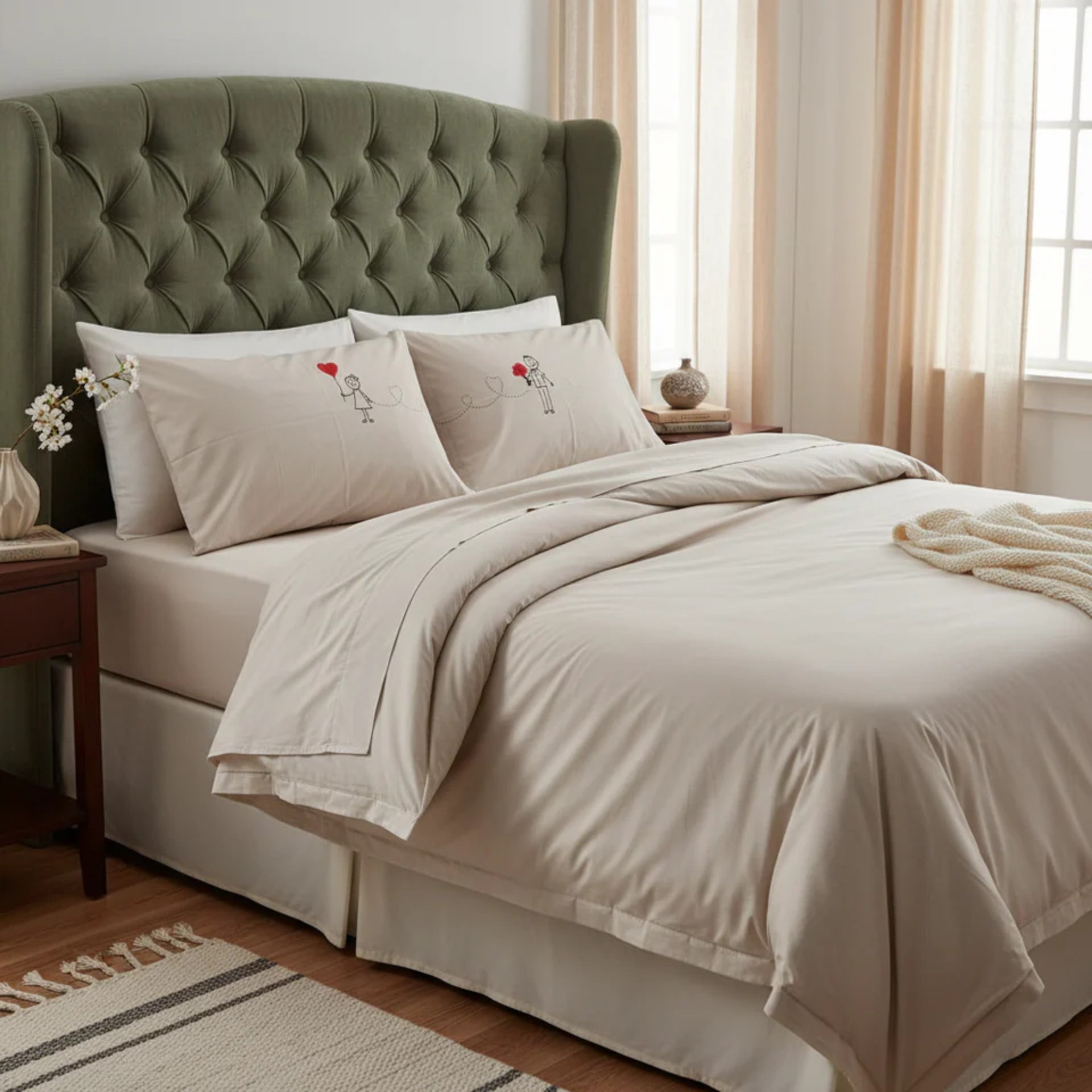 Combo Pareja Colcha Olmo + Sabana Novios Matrimonial Beautty Home