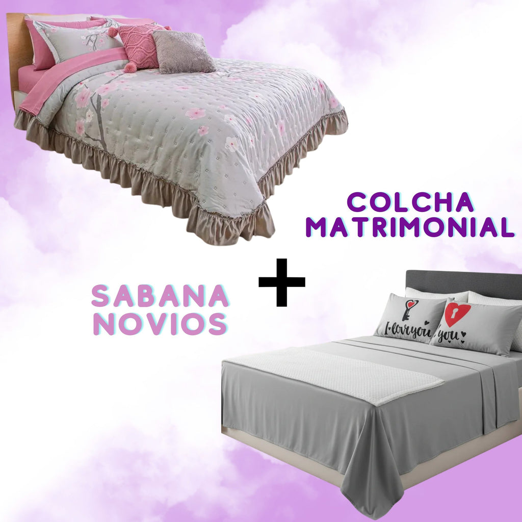 Combo Pareja Colcha Cherry + Sabana Amor Matrimonial Beautty Home