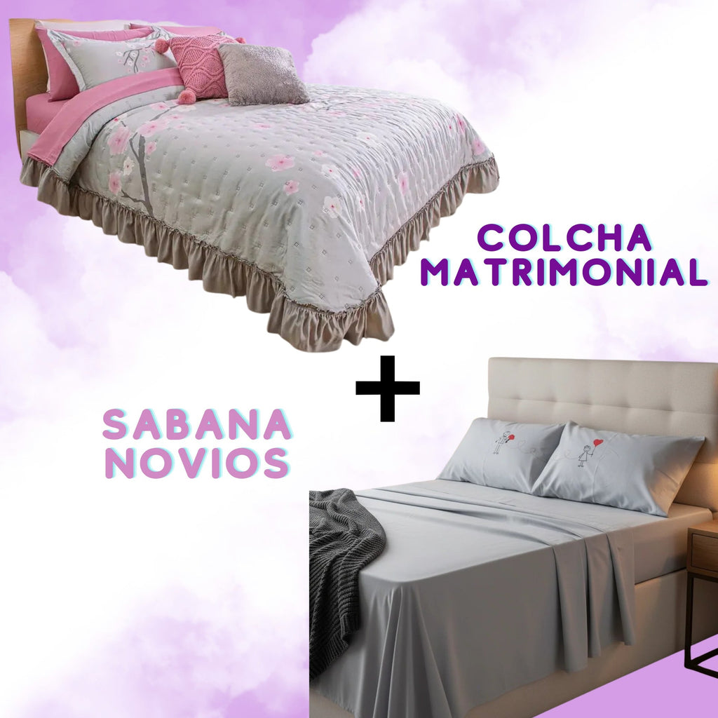 Combo Pareja Colcha Cherry + Sabana Novios Matrimonial Beautty Home