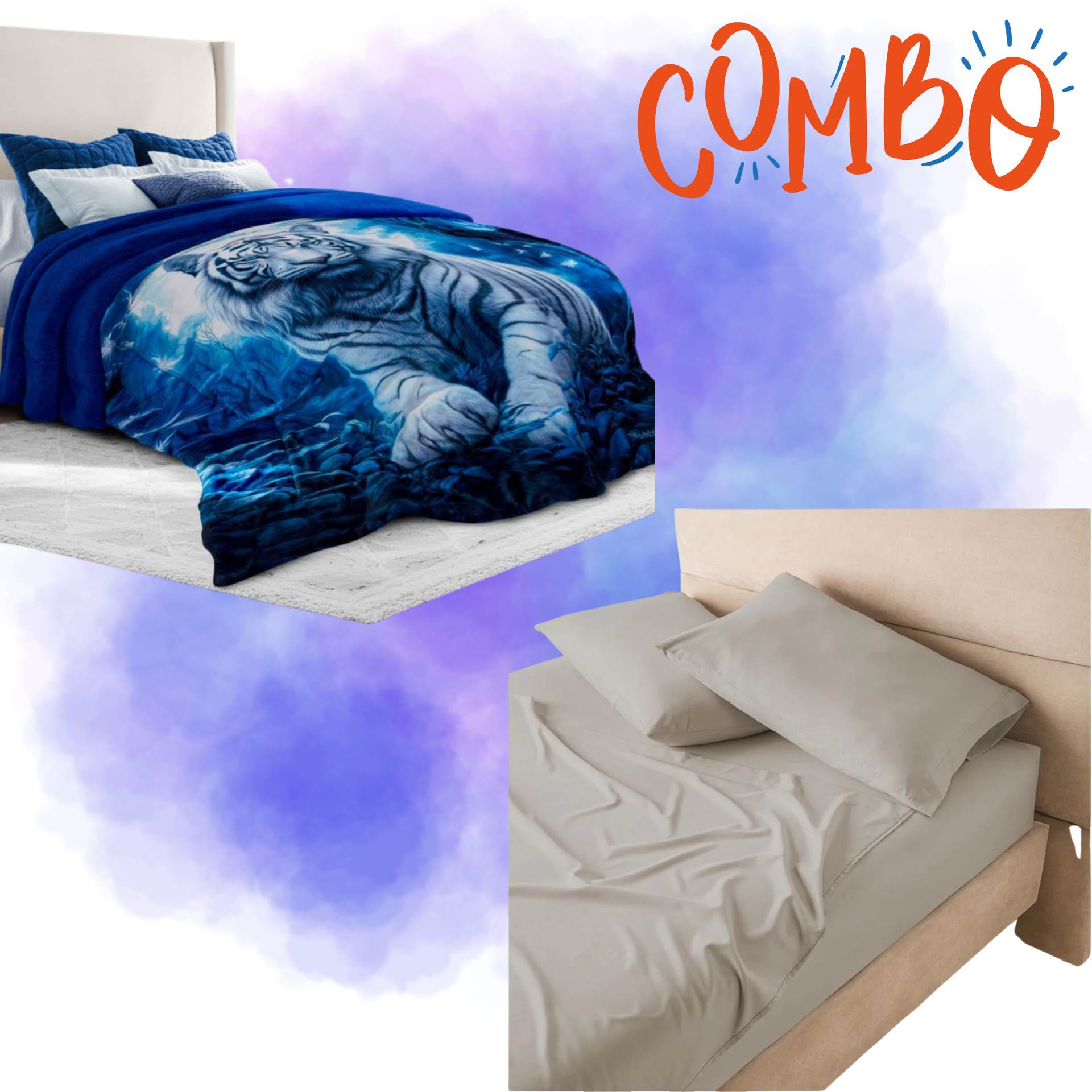 Cobertor de Borrega Serenity Jumbo Tigre Luna con juego de sabanassuavitec gris