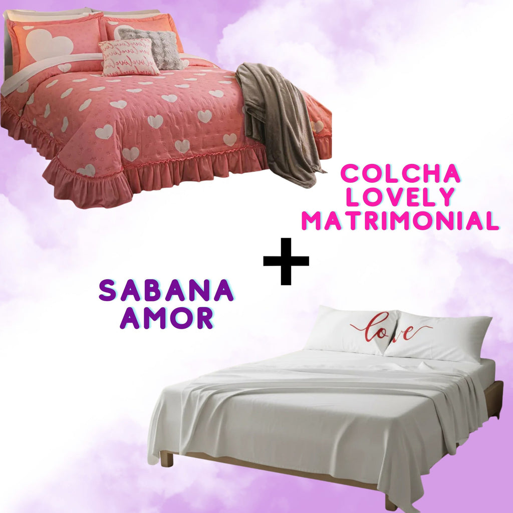 Combo Pareja Colcha + sabana amor Matrimonial Beautty Home