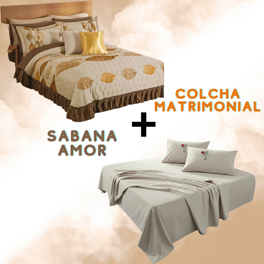 Combo Pareja Colcha Olmo + Sabana Novios Matrimonial Beautty Home
