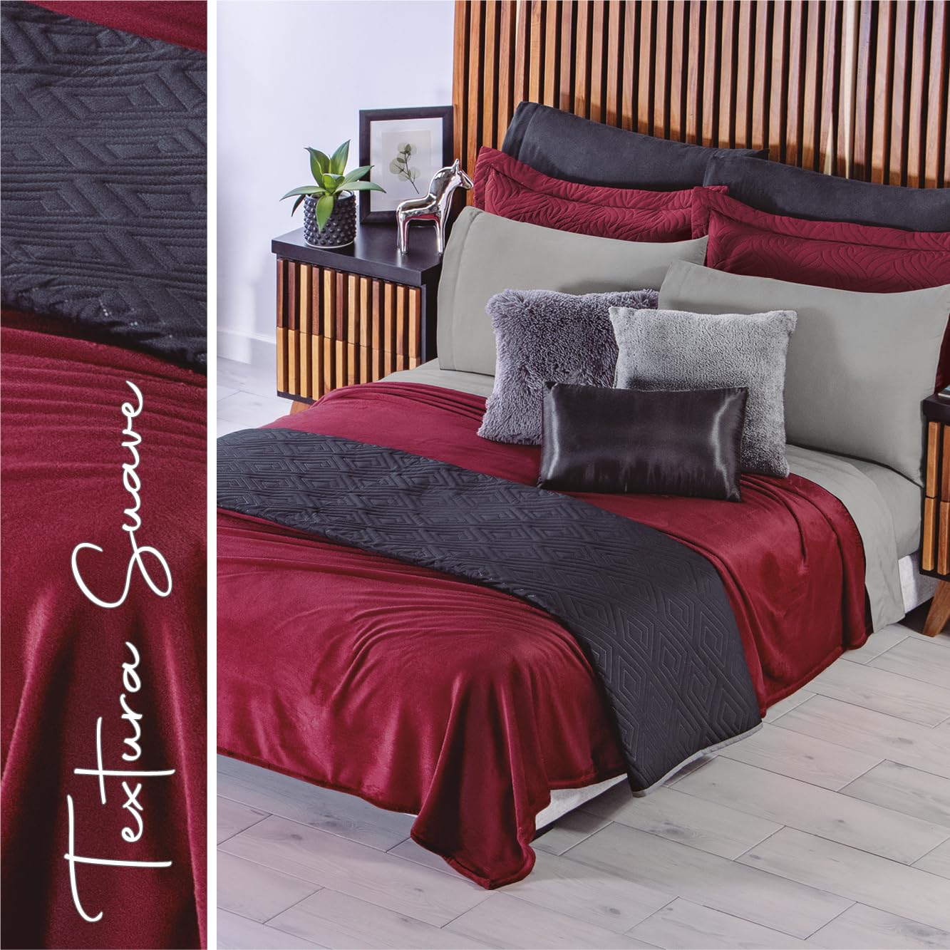 Cobertor Ultra Suave Ligero Vino + Fundas Velvet Gris Medio