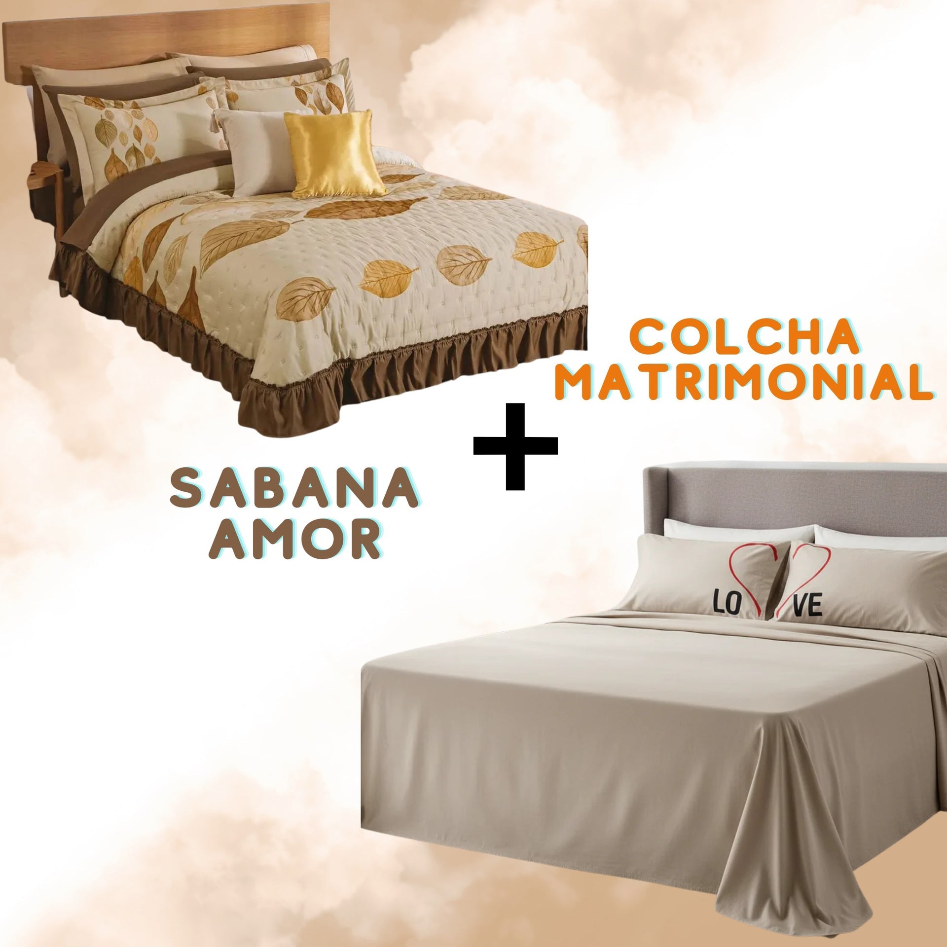 Combo Pareja Colcha Olmo + Sabana Amor Matrimonial Beautty Home