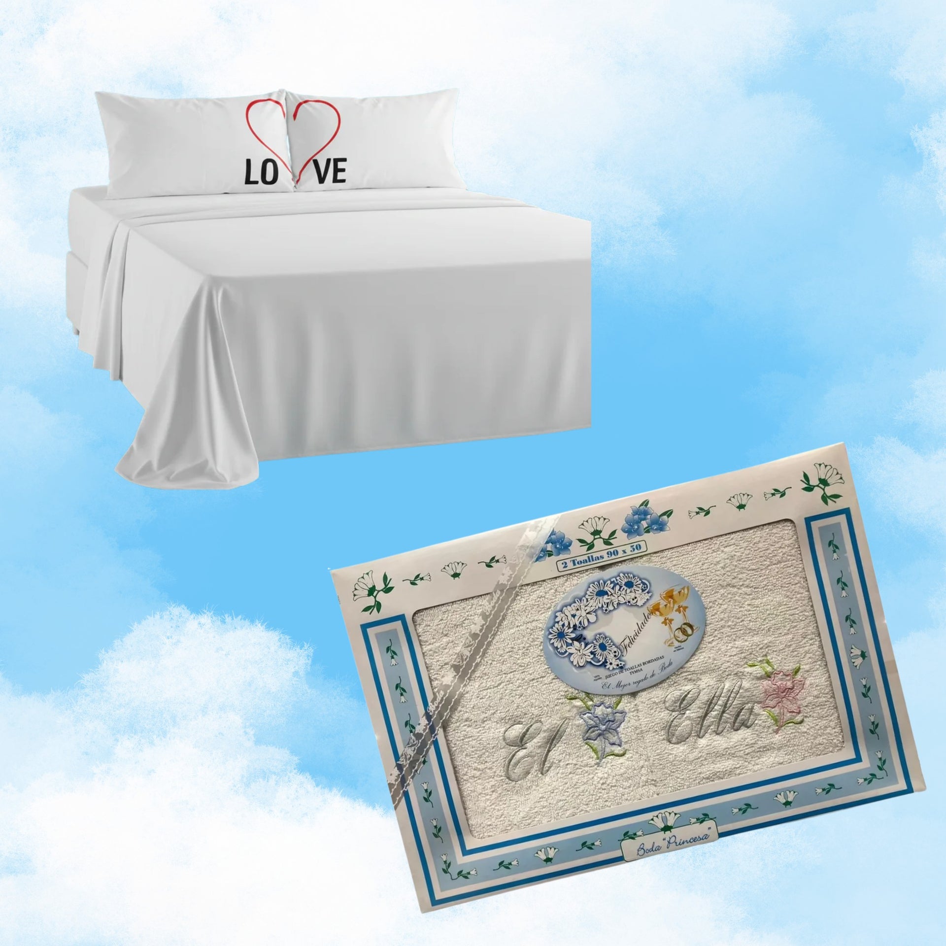 Super combo Bodas-Sabanas Love Blanco + Toalla romance