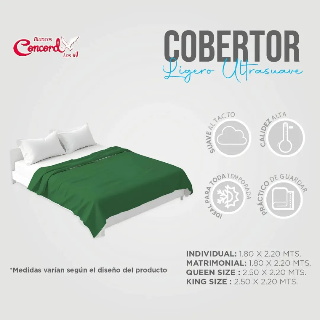 Cobertor Ultra Suave Ligero Verde + Par de Funda Velvet Gris Medio