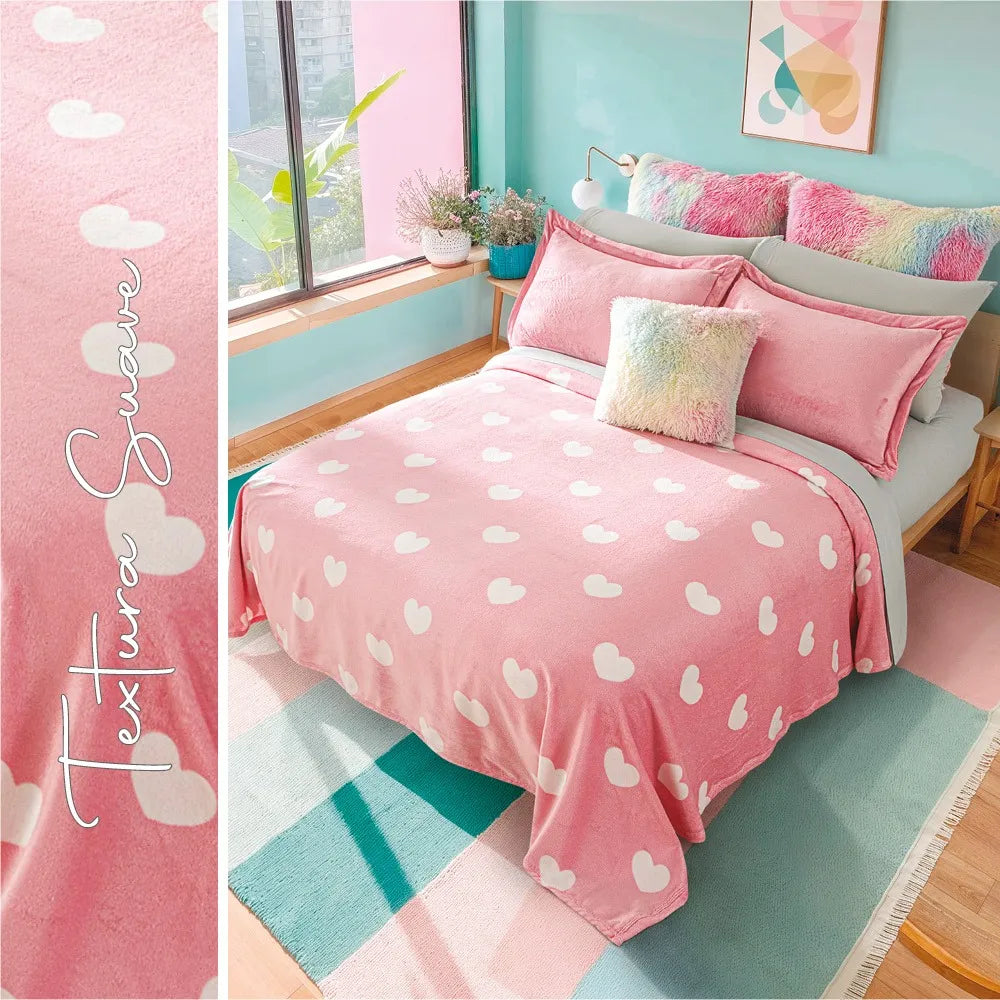 Cobertor Ultra Suave Ligero Lovely + Cortina Neo Larga Rosa + Par de Fundas Velvet Rosa