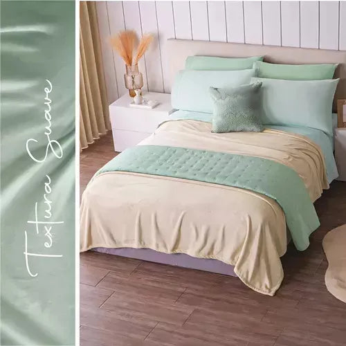 Cobertor Ultra Suave Ligero Beige + Juego de Sabanas Esencial Menta