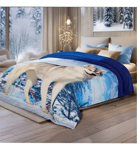 Cobertor Con Borrega Matrimonial Serenity Lobo Nieve