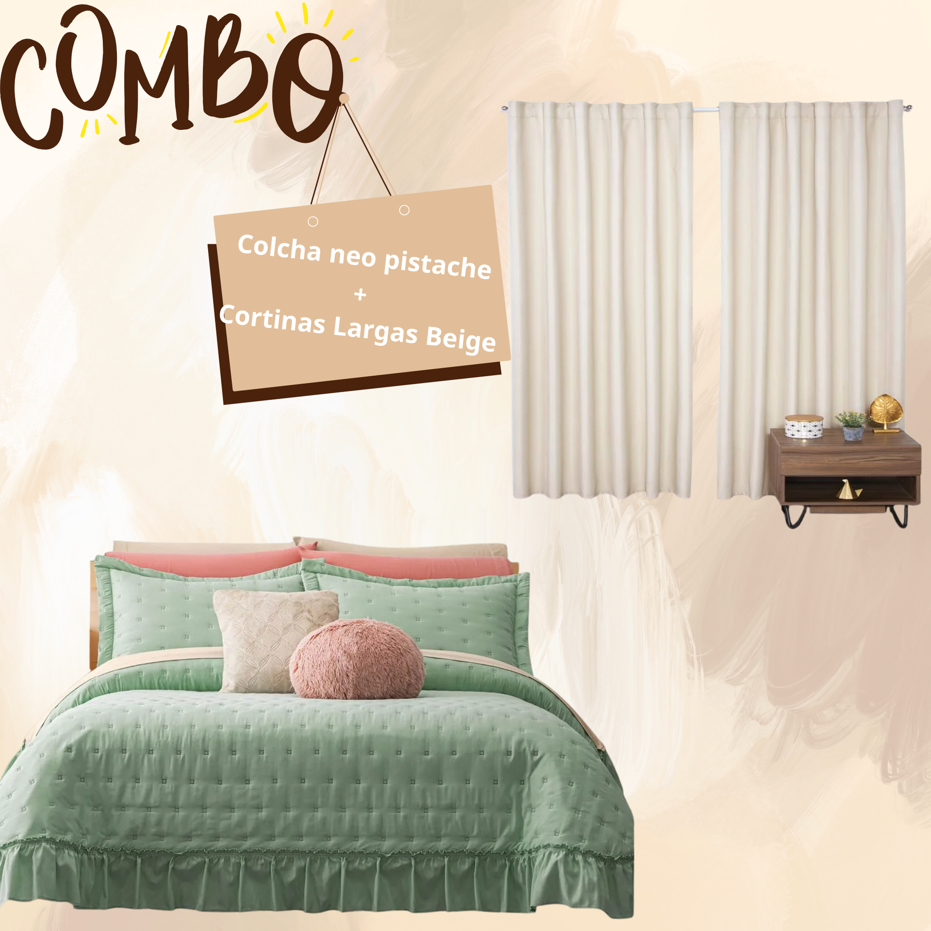 Combo Colcha Neo Pistache  + Cortinas Largas Beige