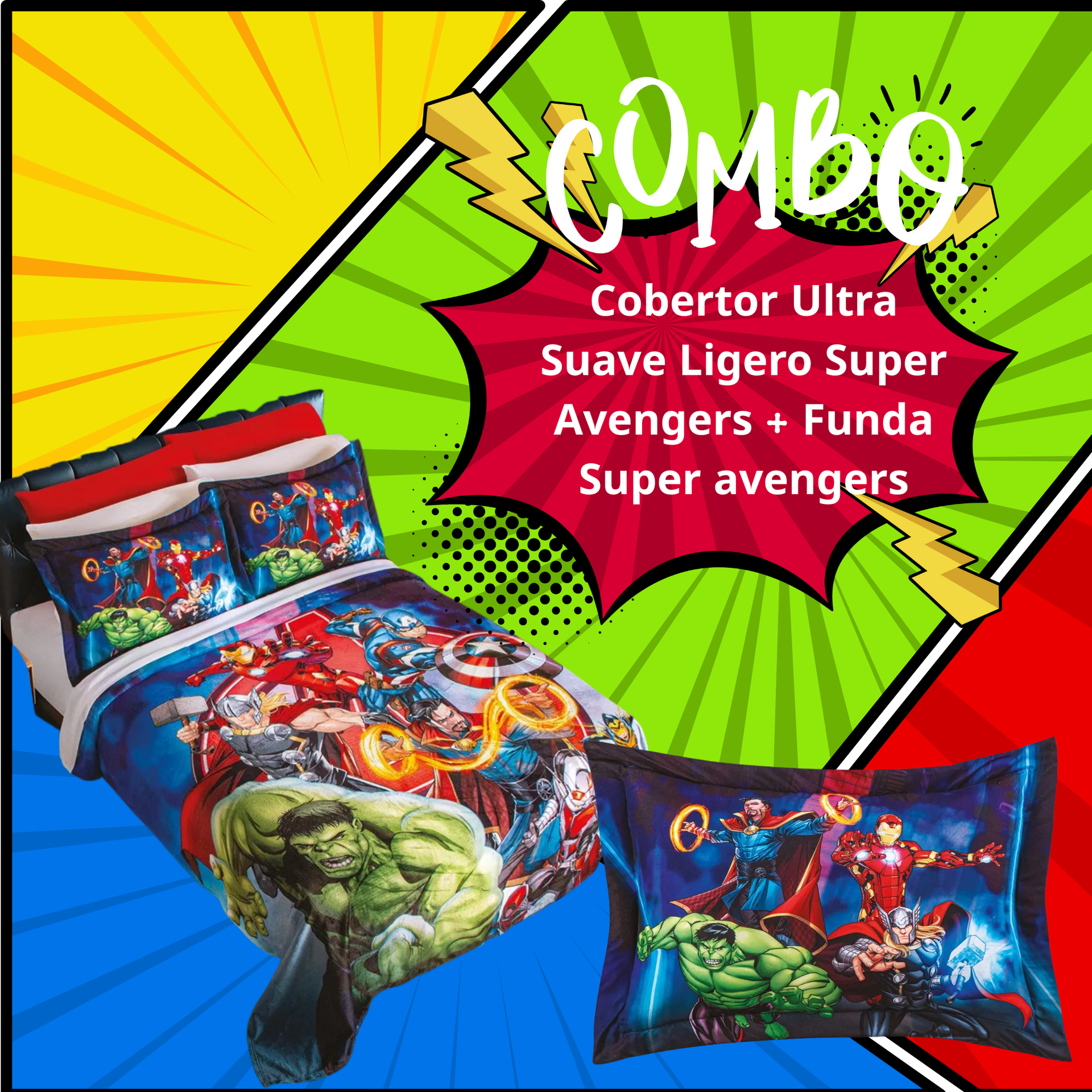 Cobertor Ultra Suave Ligero Super Avengers + Funda Super avengers