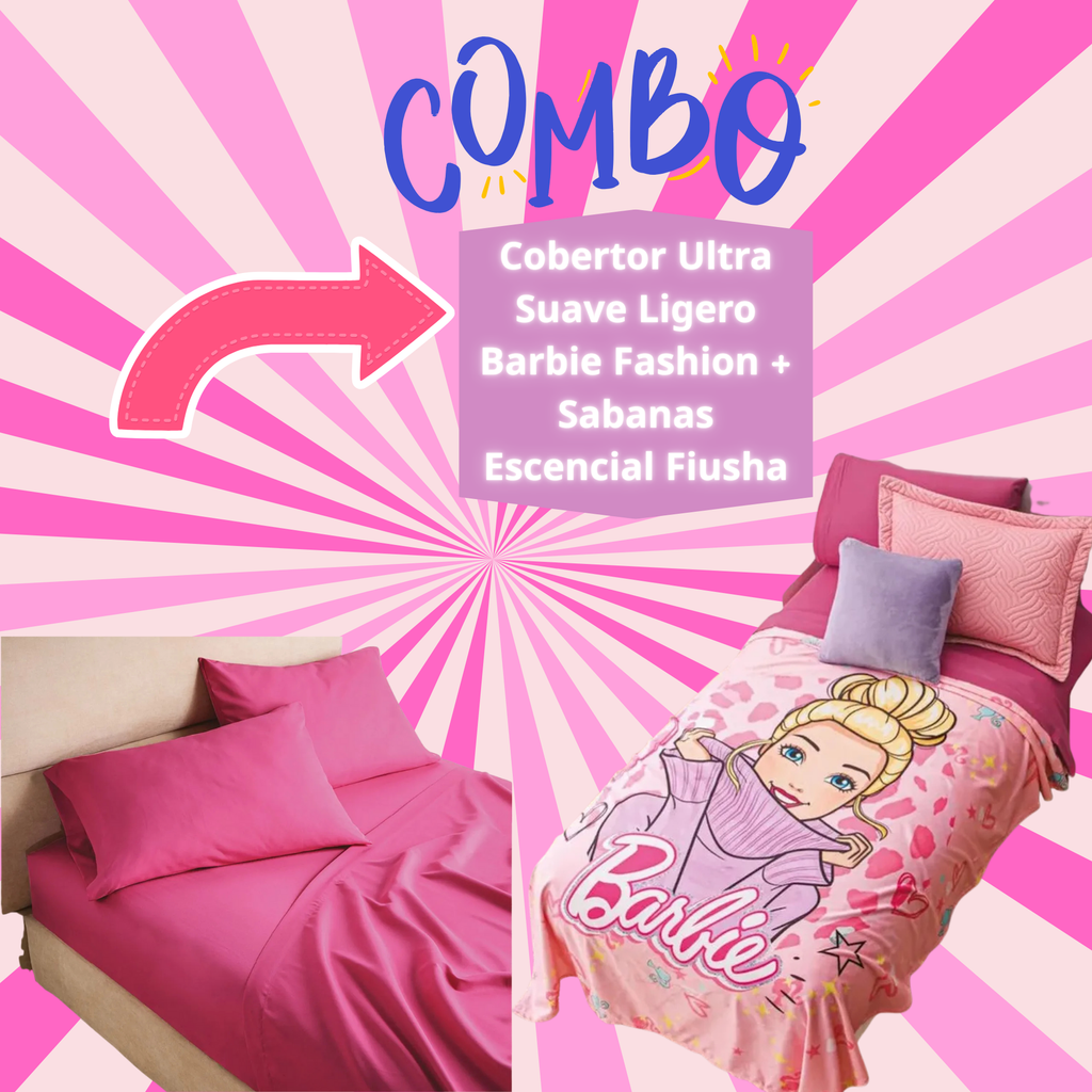 Cobertor Ultra Suave Ligero Barbie Fashion + Sabanas Escencial Fiusha