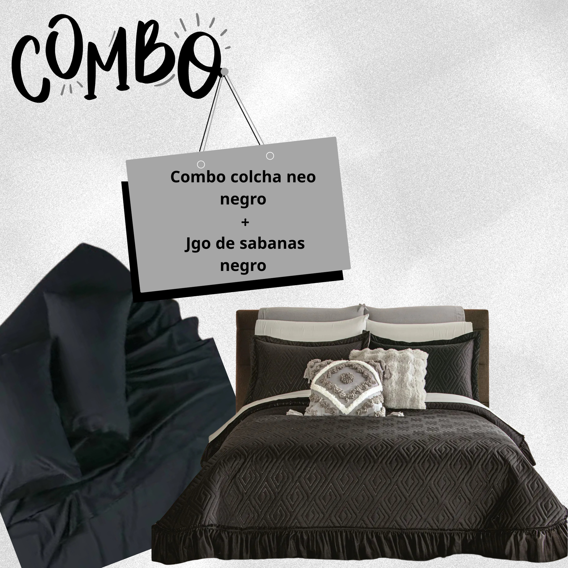 Combo Colcha Neo Negro + 1 Juego De Sabanas Escencial Negro