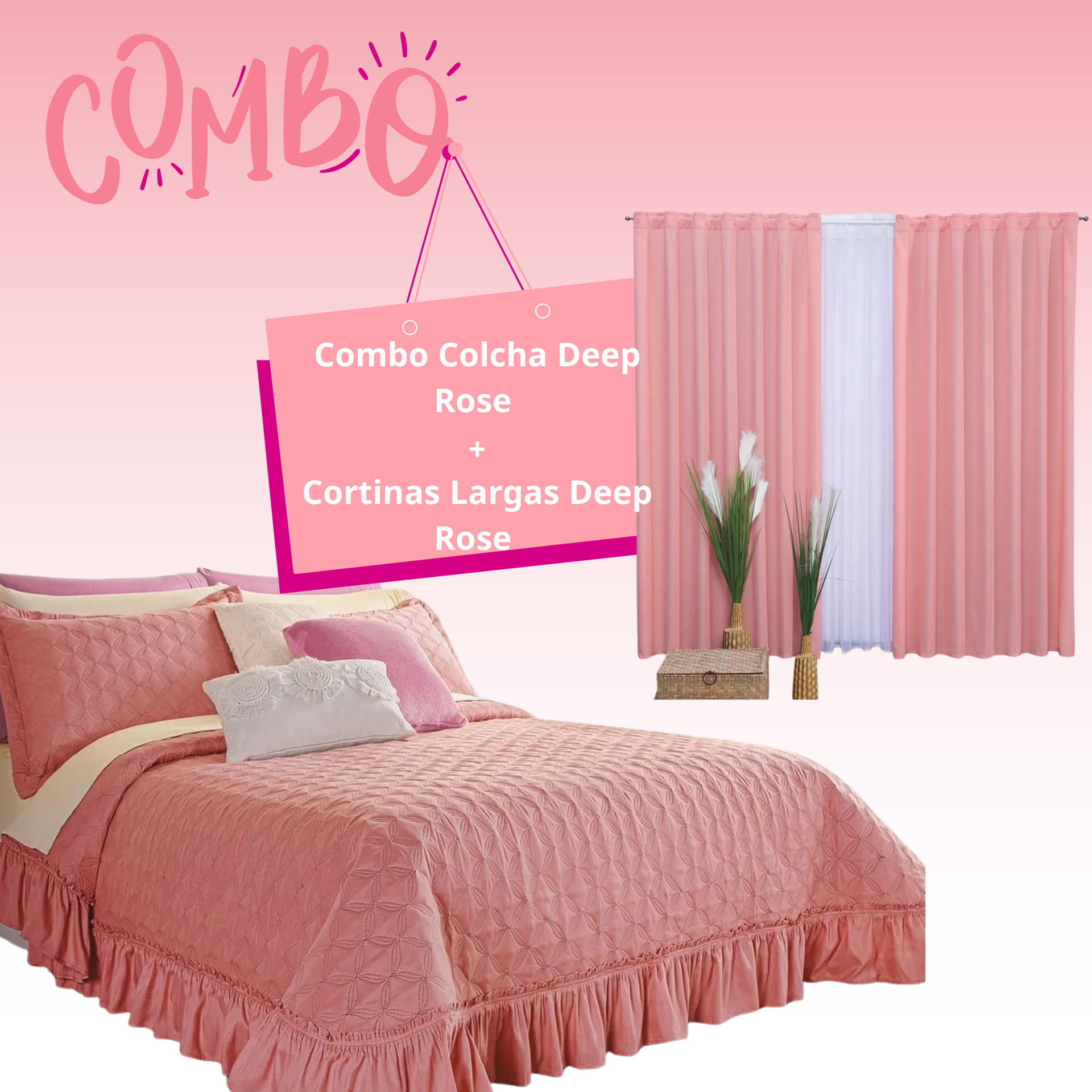 Combo Colcha Neo Deep Rose  +Cortinas Largas Deep Rose