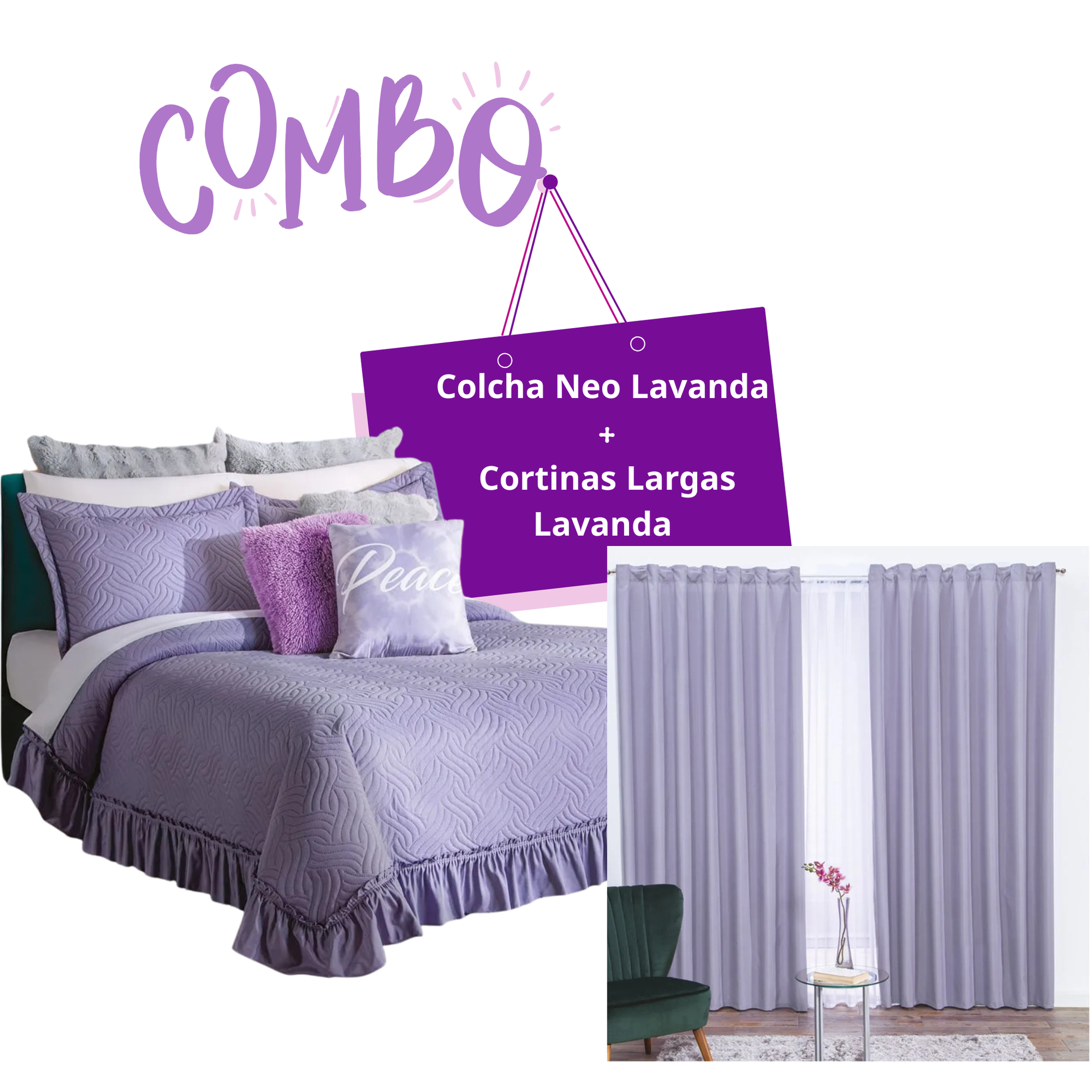 Combo Colcha Neo Lavanda  + Cortinas Largas Lavanda