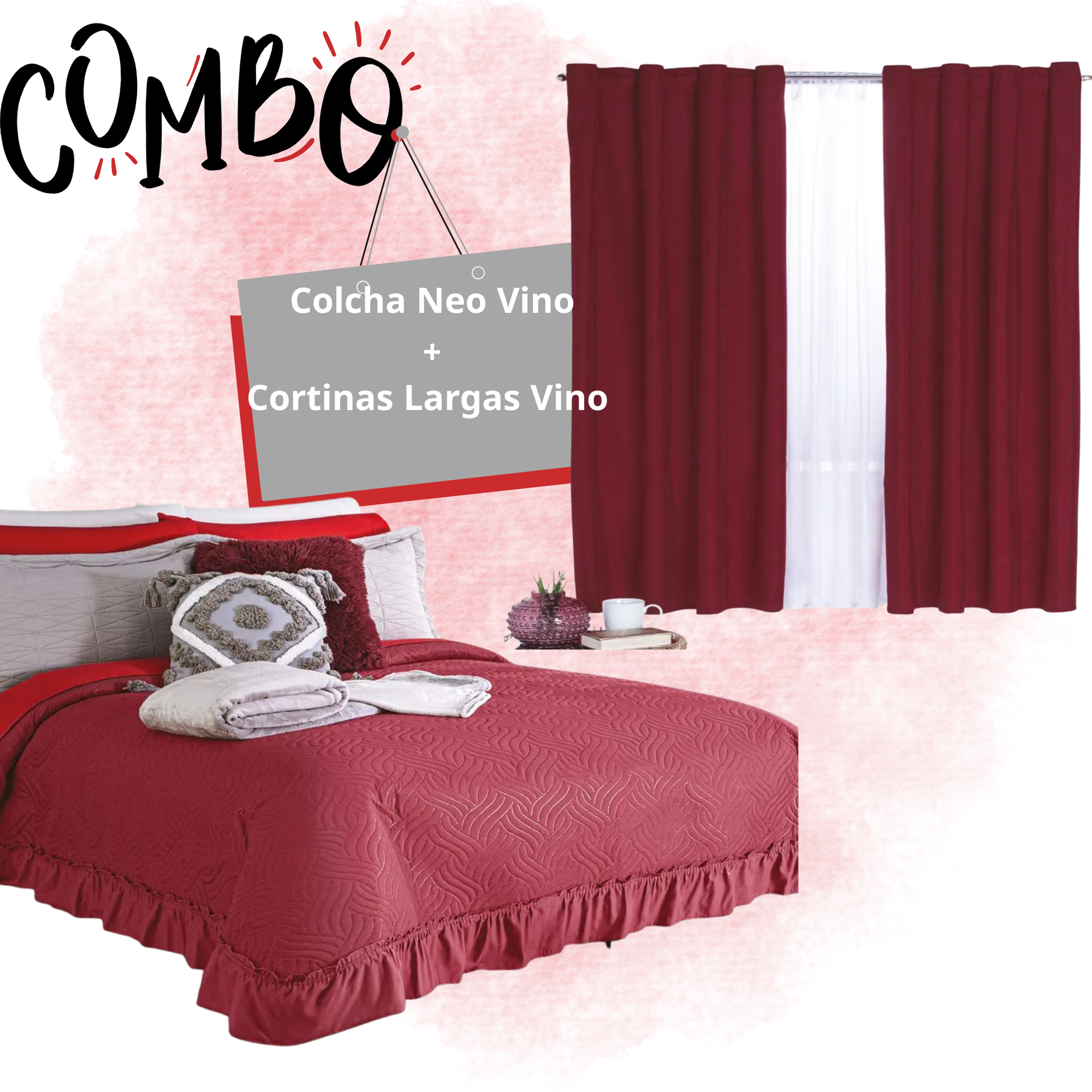 Combo Colcha Neo Vino + Cortinas Largas Vino