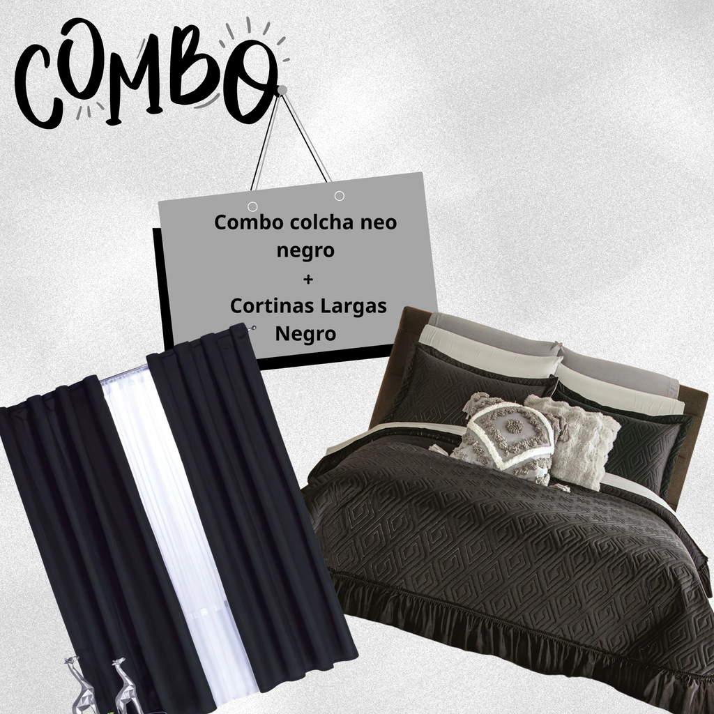 Combo Colcha Neo Negro +Cortinas largas Negro