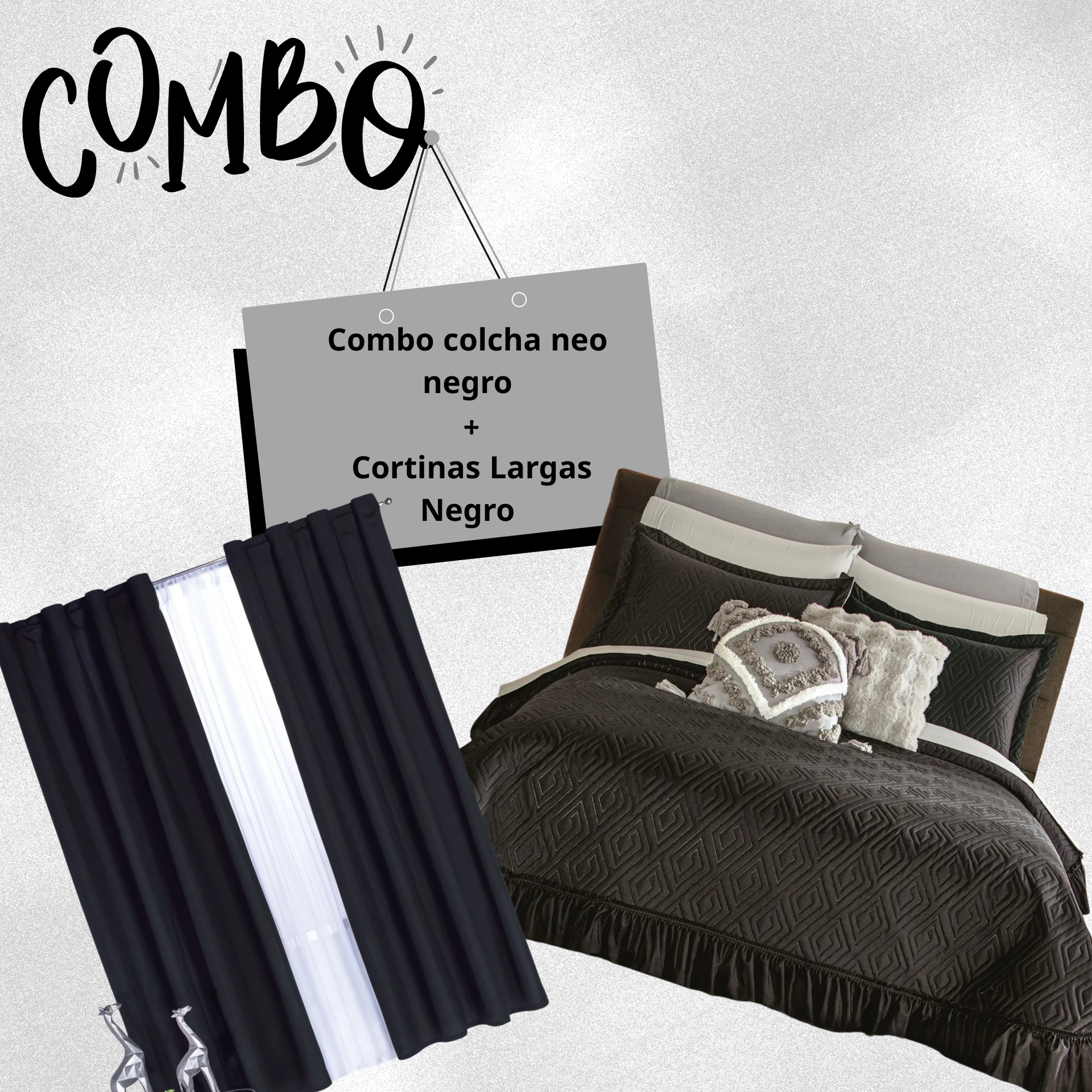 Combo Colcha Neo Negro +Cortinas largas Negro