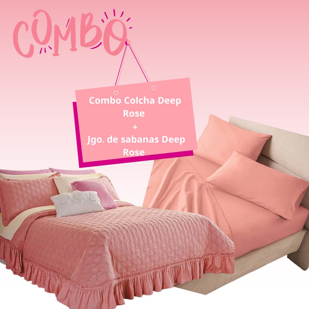 Combo Colcha Neo Deep Rose  + 1 Juego De Sabanas Escencial Deep Rose