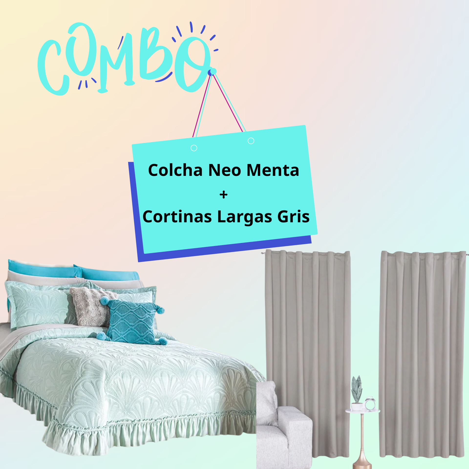 Combo Colcha Neo Menta + Cortinas Largas Gris light