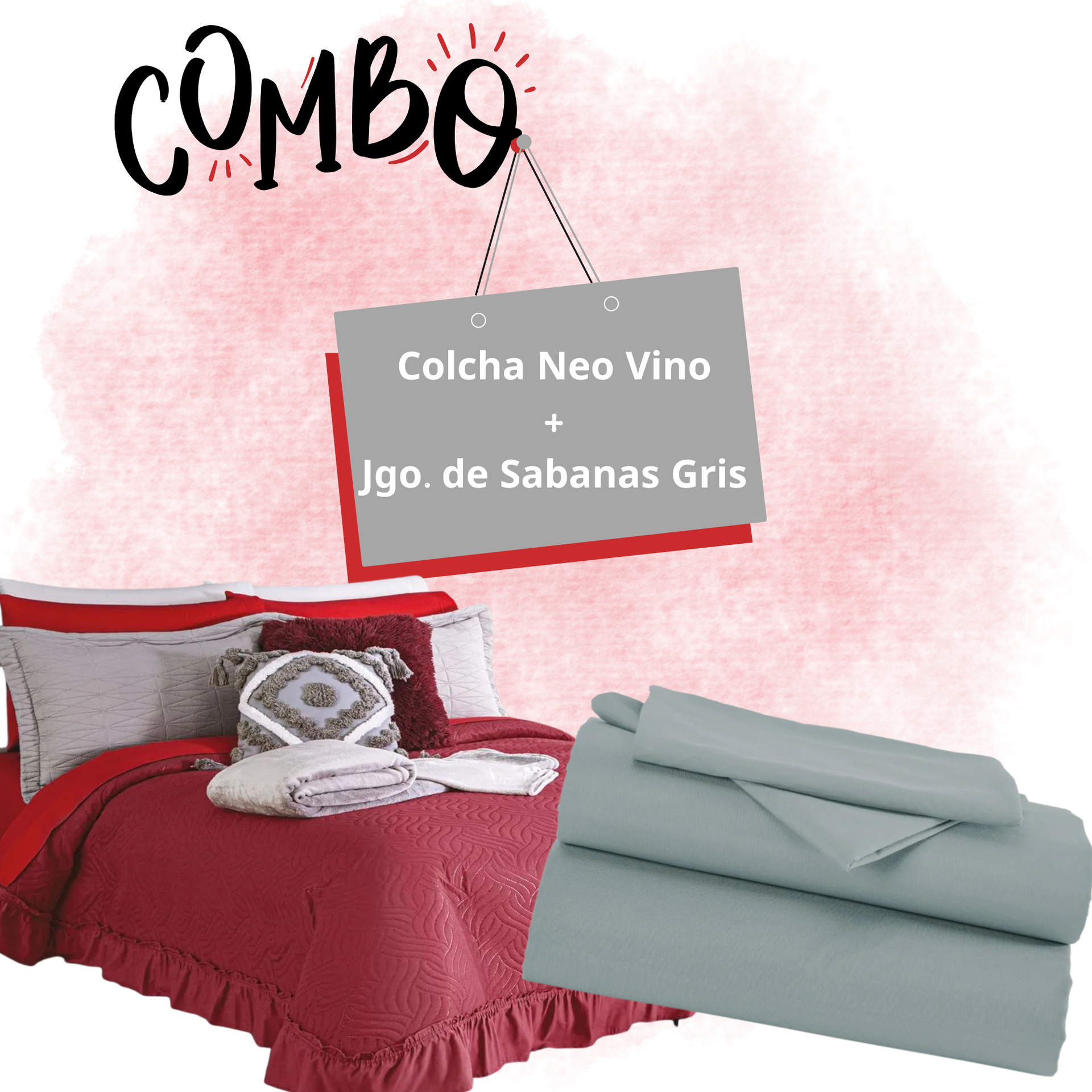 Combo Colcha Neo Vino + 1 Juego De Sabanas Escencial Gris