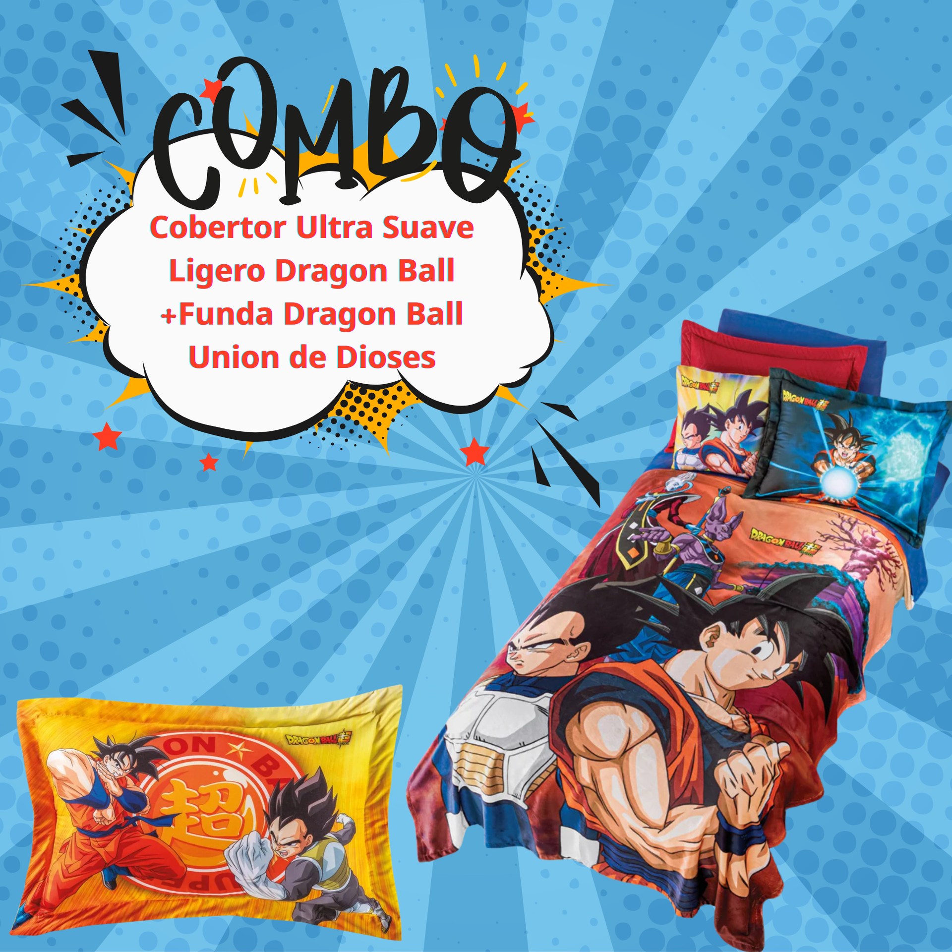 Cobertor Ultra Suave Ligero Dragon Ball +Funda Dragon Ball Union de Dioses