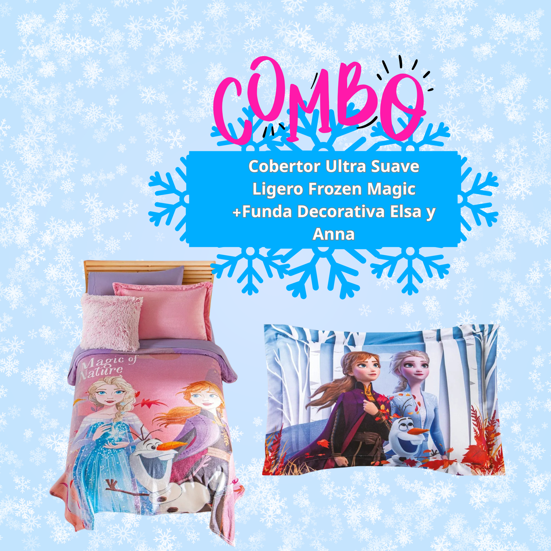 Cobertor Ultra Suave Ligero Frozen Magic +Funda Decorativa Elsa y Anna