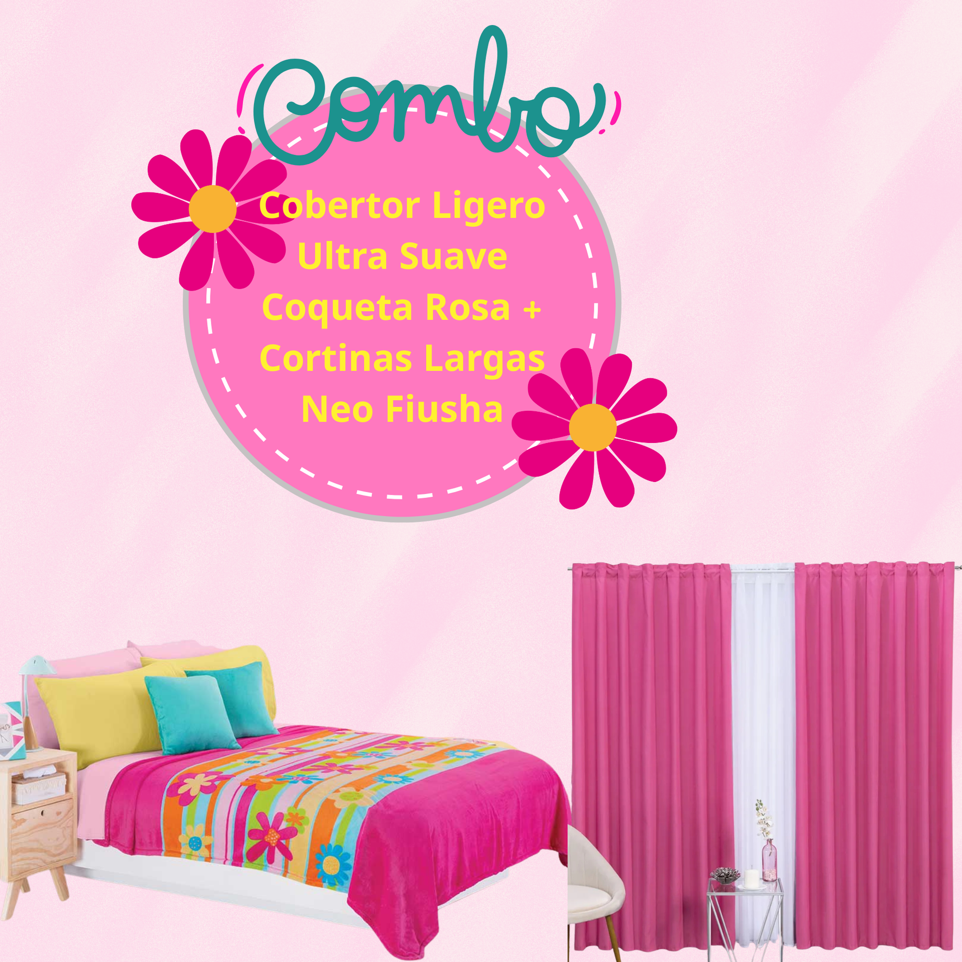 Cobertor Ligero Ultra Suave Coqueta Rosa + Cortinas Largas Neo Fiusha