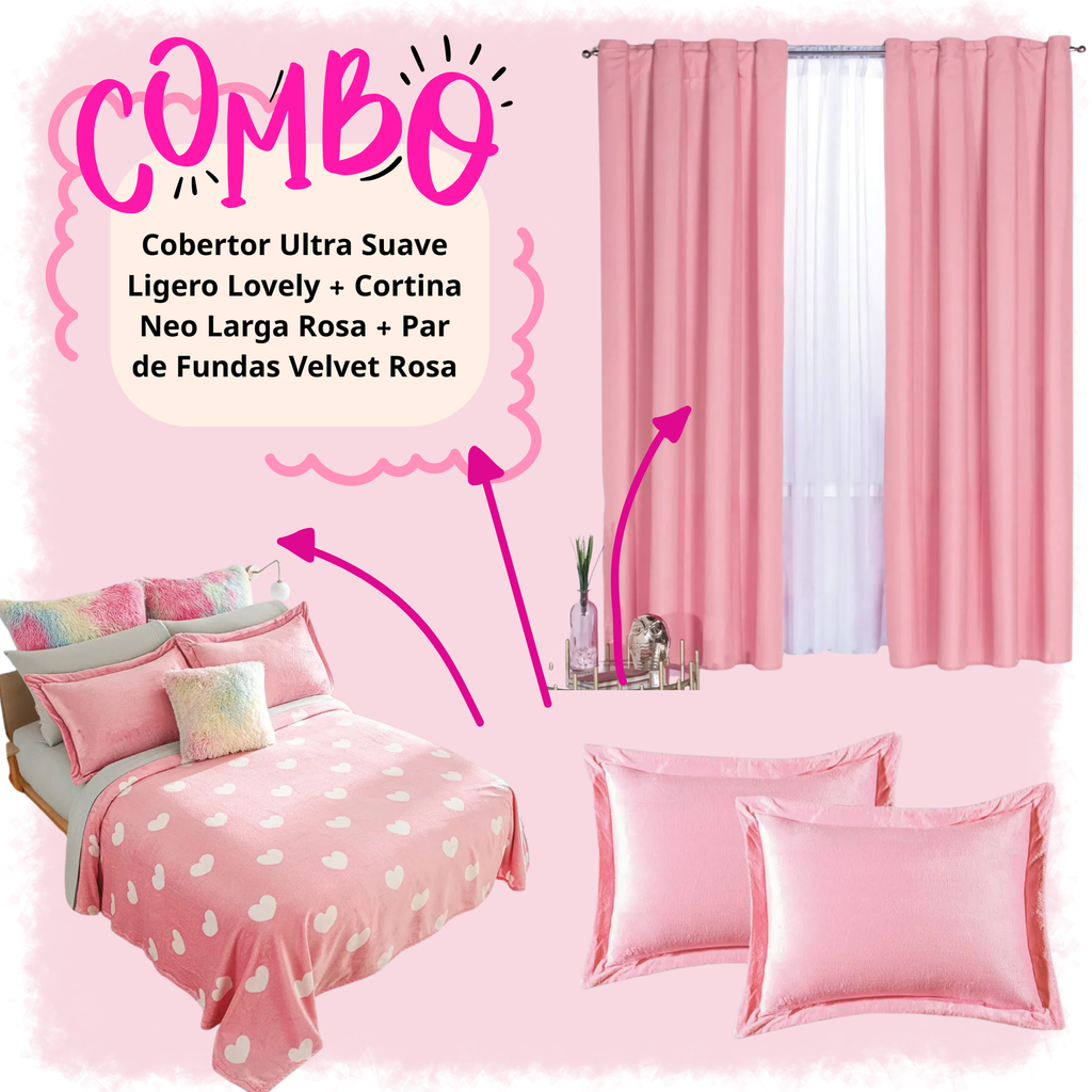 Cobertor Ultra Suave Ligero Lovely + Cortina Neo Larga Rosa + Par de Fundas Velvet Rosa