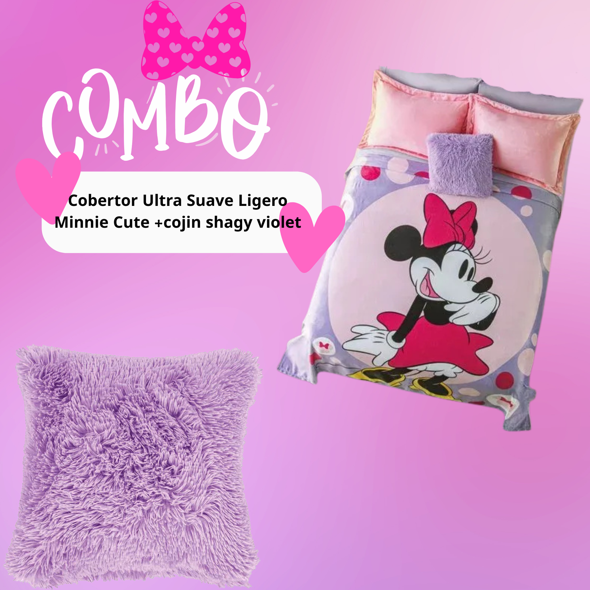 Cobertor Ultra Suave Ligero Minnie Cute +cojin shagy violet