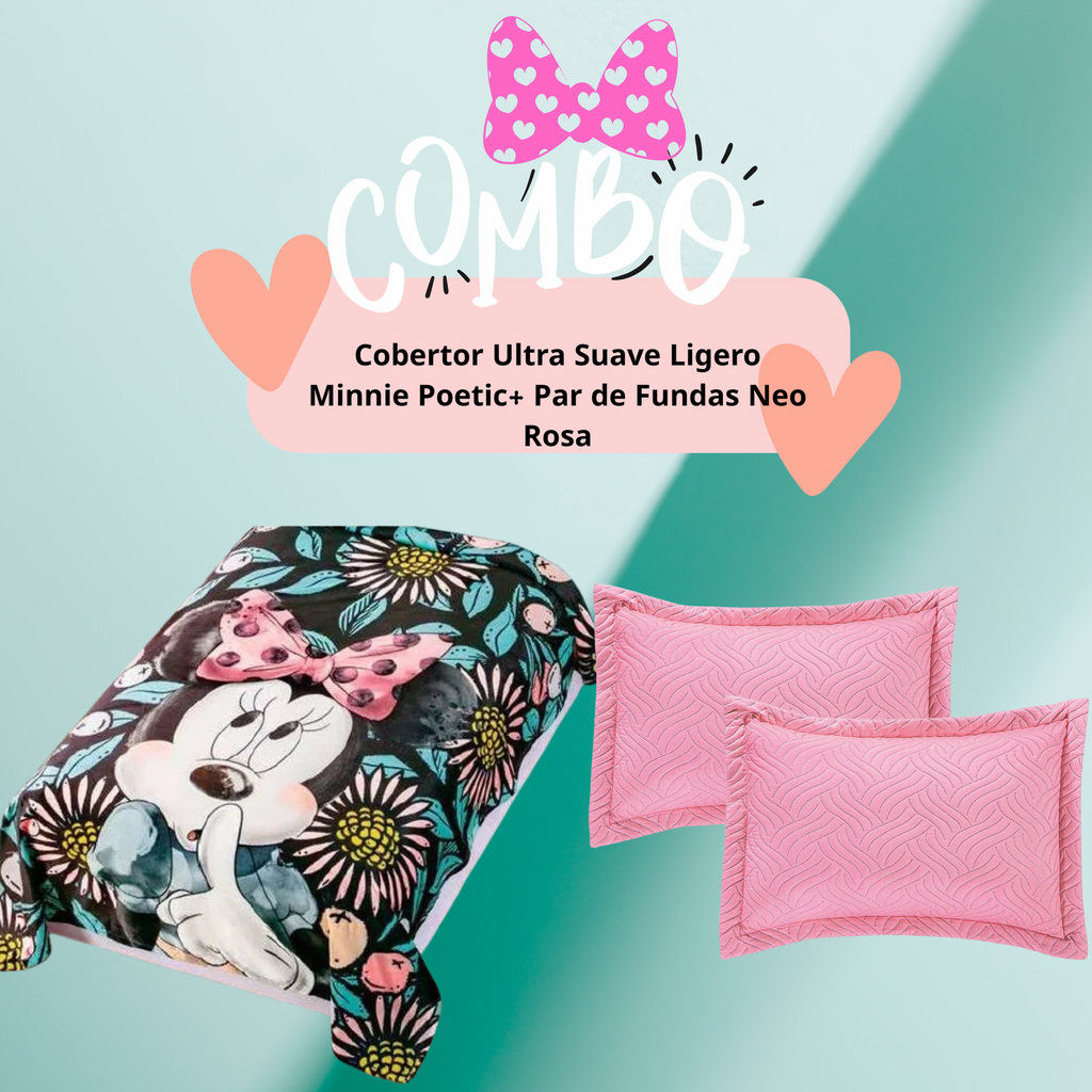 Cobertor Ultra Suave Ligero Minnie Poetic+ Par de Fundas Neo Rosa