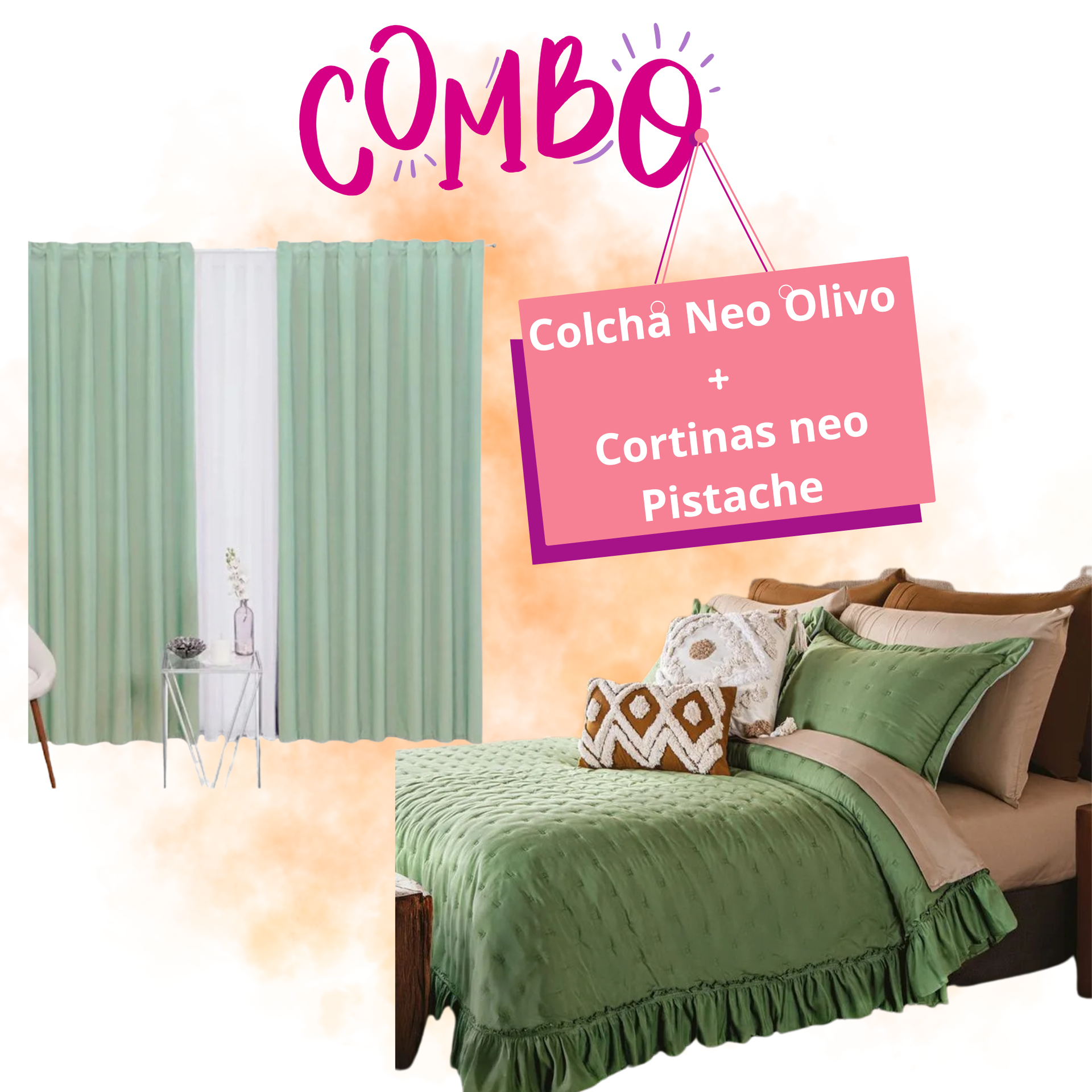Combo Colcha Neo Olivo  + Cortinas Largas Neo pistache