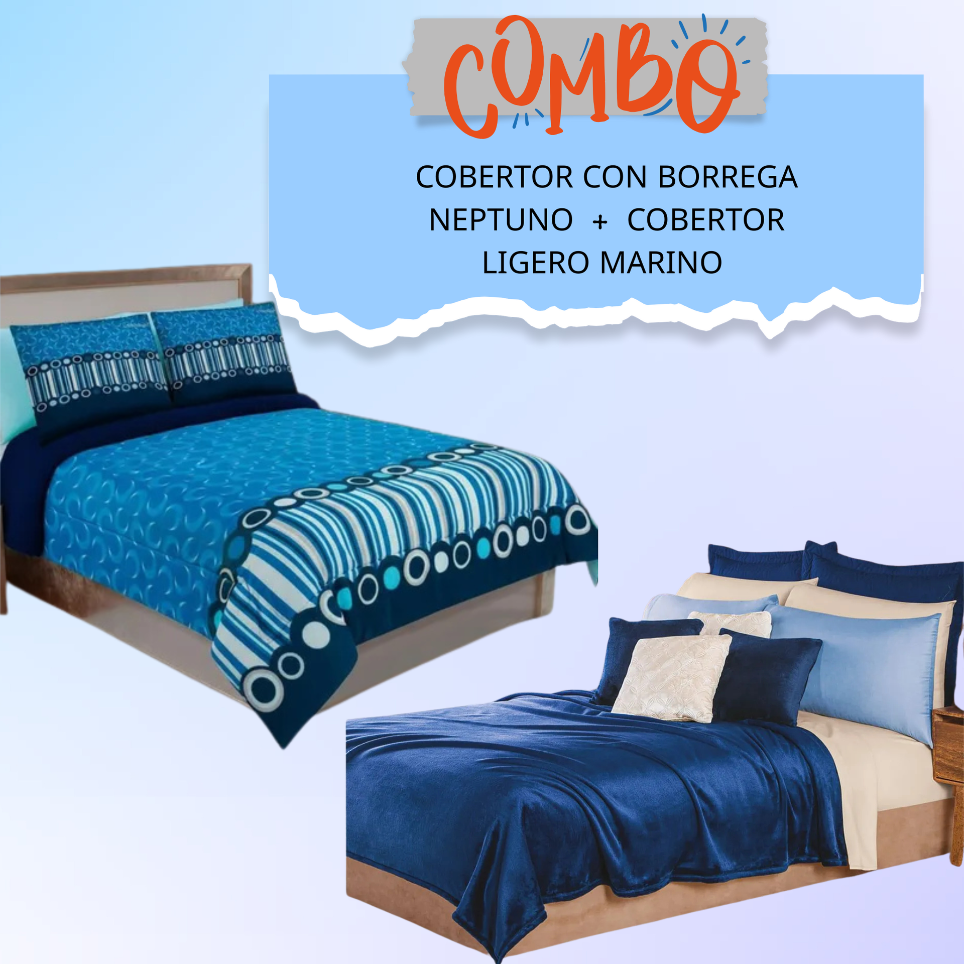 Pack Cobertor Con Borrega Matrimonial  Neptuno + Cobertor Ligero Marino