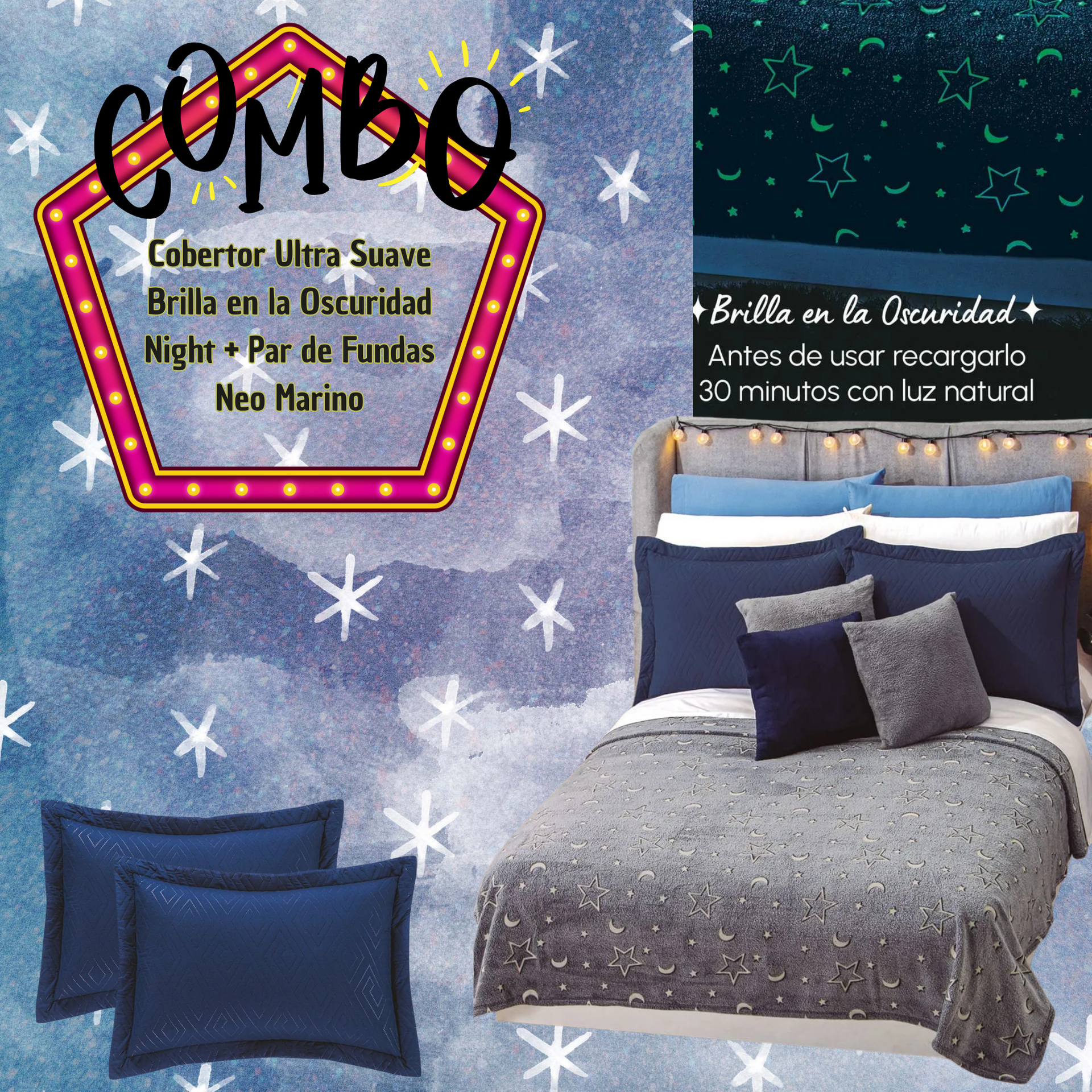 Cobertor Ultra Suave Brilla en la Oscuridad Night + Par de Fundas Neo Marino