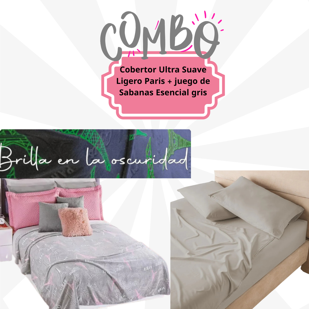 Cobertor Ultra Suave Ligero Paris + juego de Sabanas Esencial gris