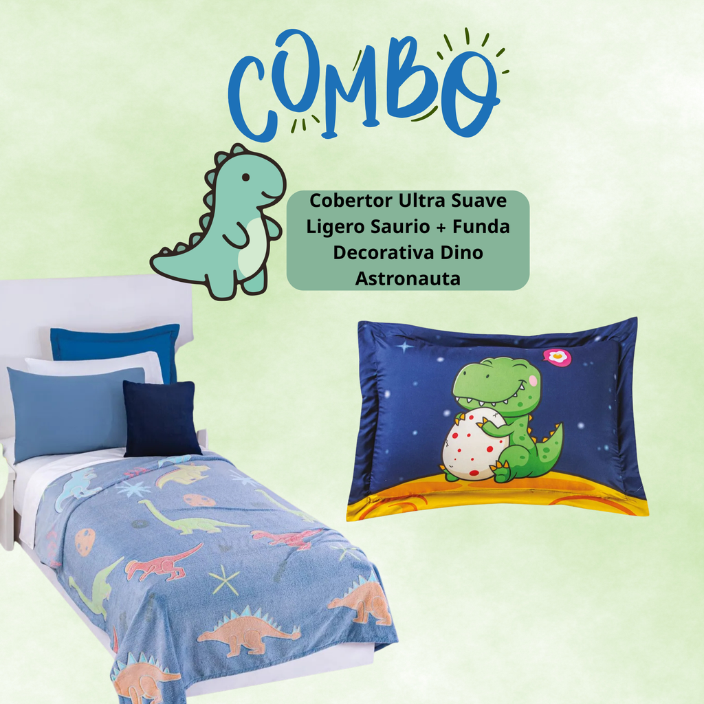 Cobertor Ultra Suave Ligero Saurio + Funda Decorativa Dino Astronauta