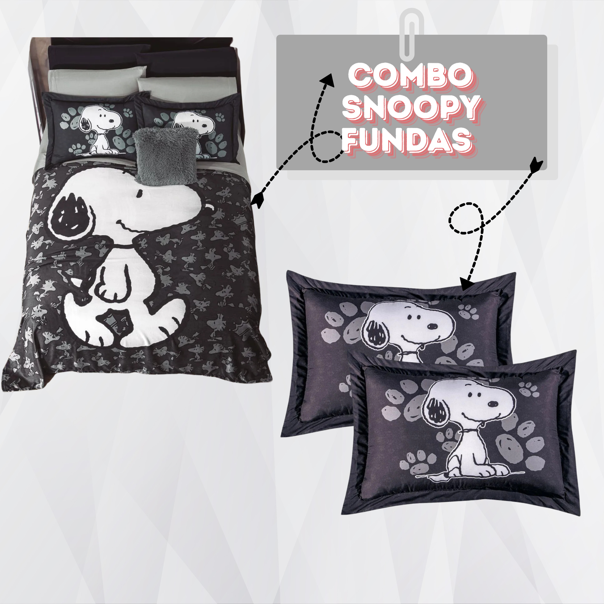 Cobertor Slim Black Snoopy + 2 fundas decorativas snoopy