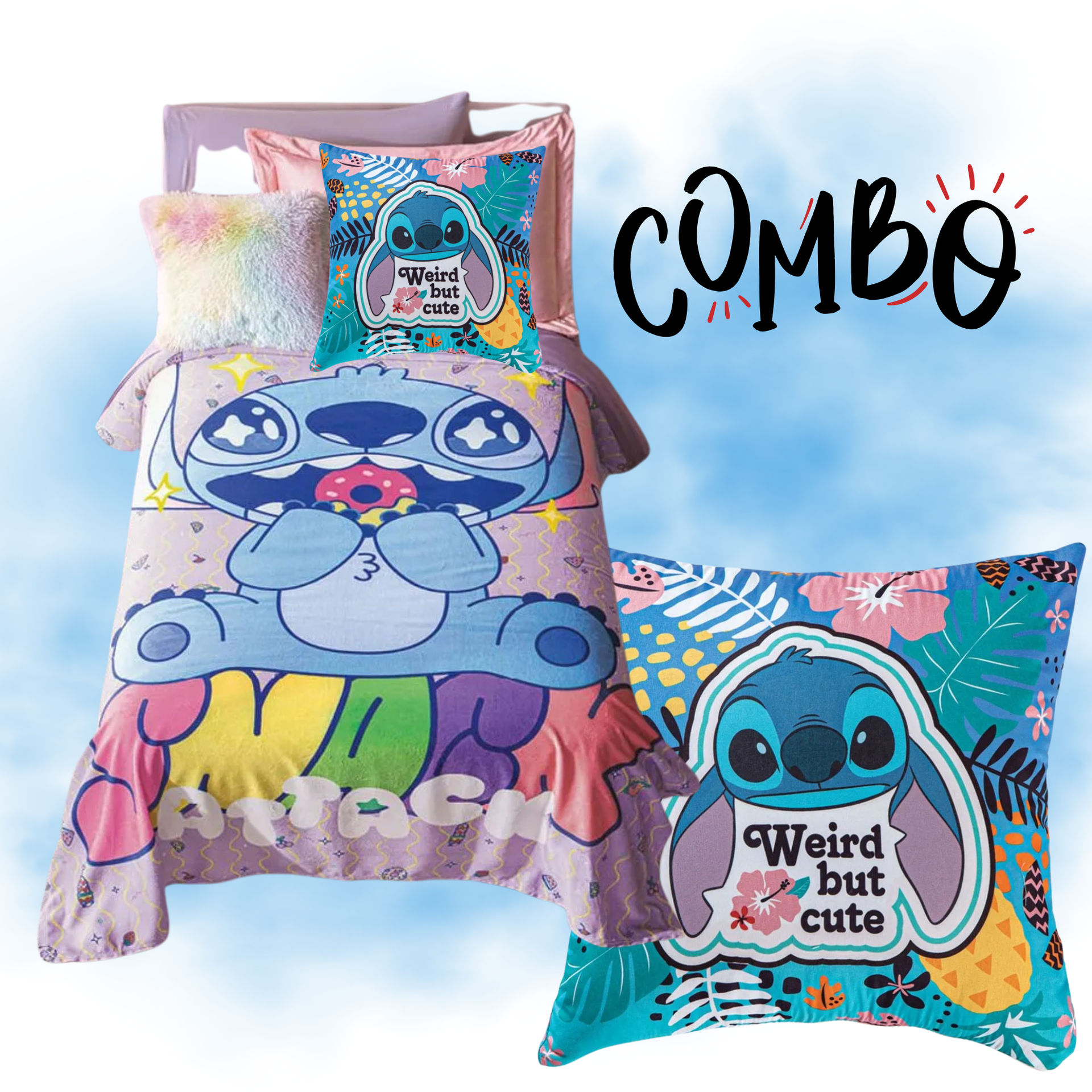 Cobertor Ultra Suave Ligero Stitch Cute + Cojin Stitch Aloha