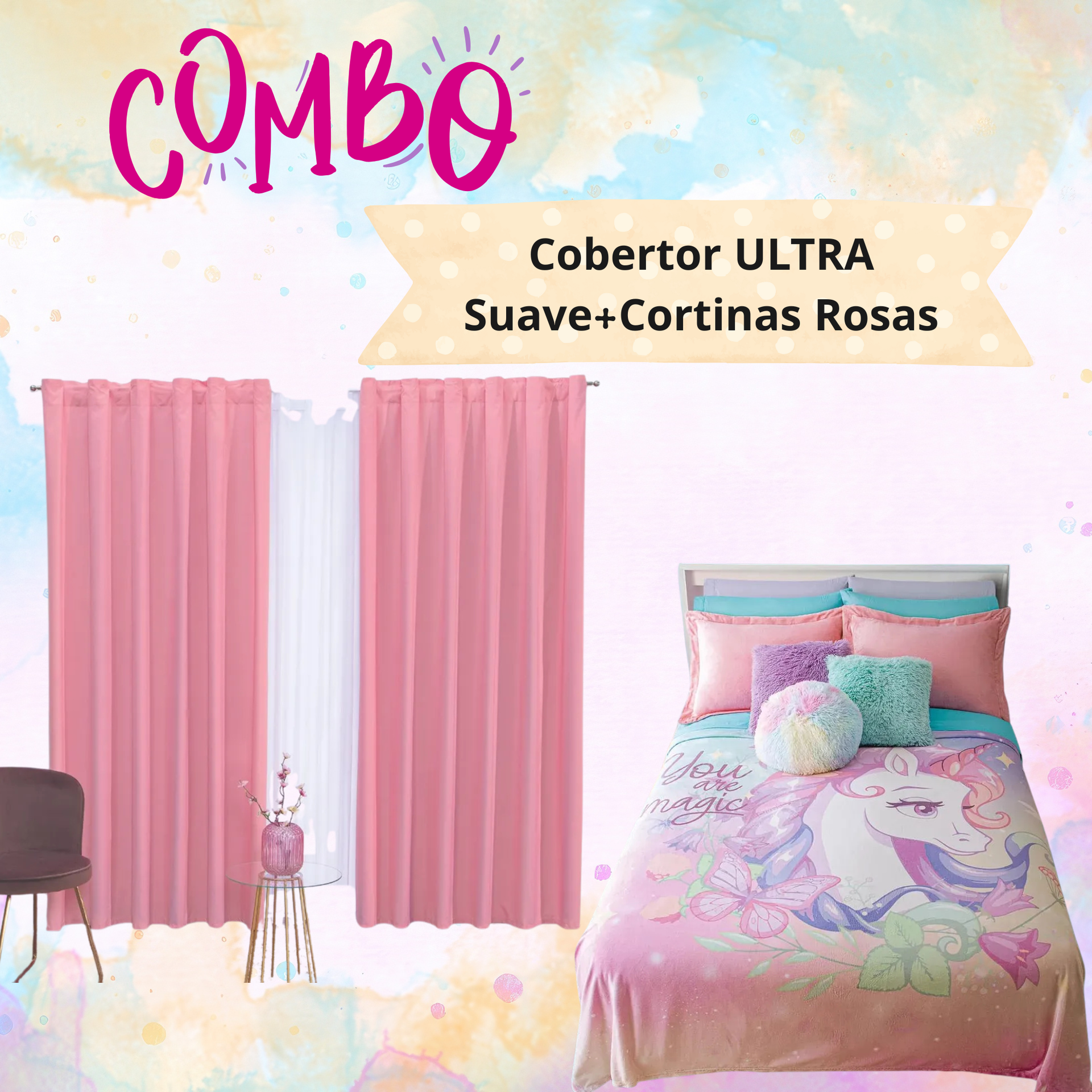 Cobertor ULTRA Suave+Cortinas Rosas
