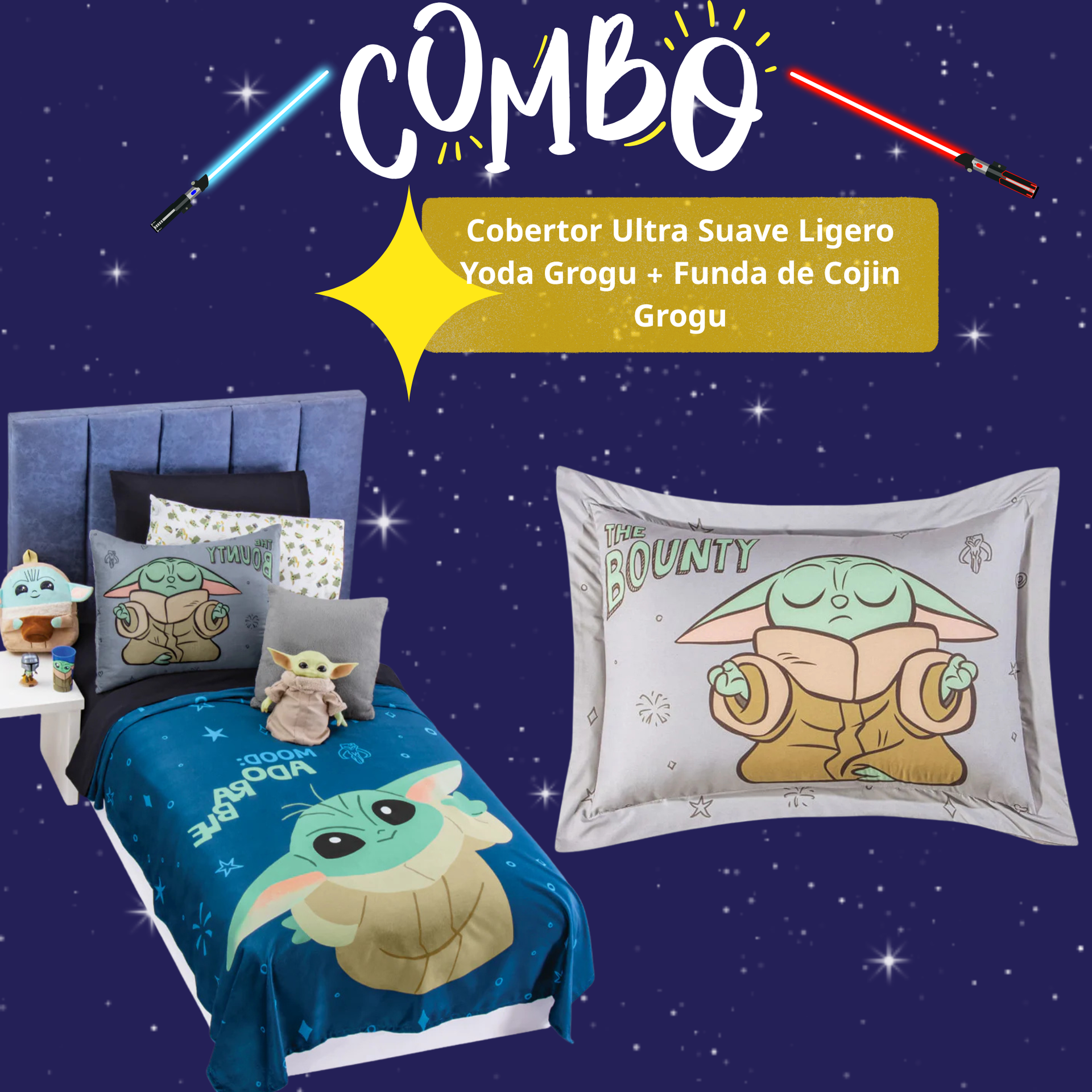 Cobertor Ultra Suave Ligero Yoda Grogu + Funda  de Cojin Grogu