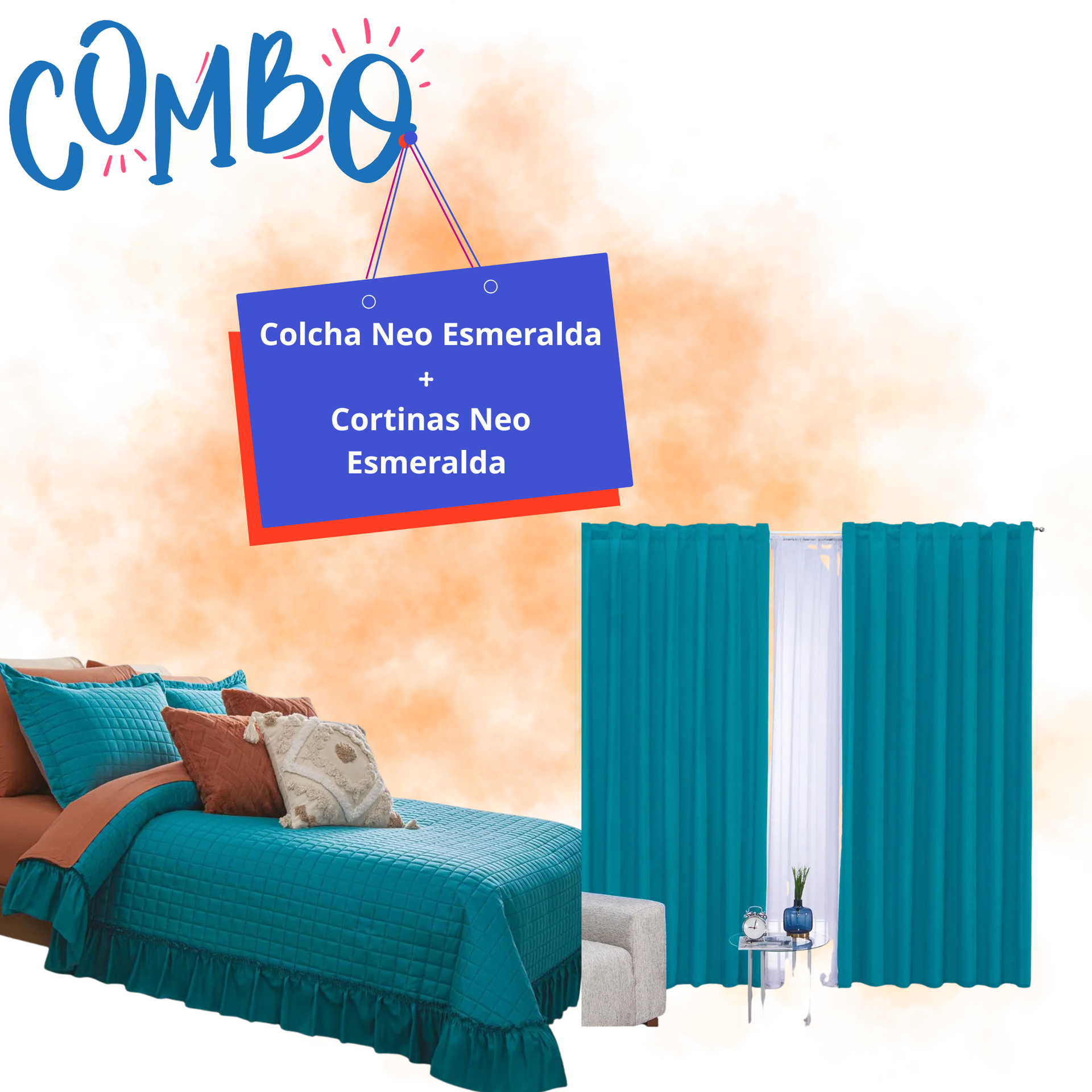 Combo Colcha Neo Esmeralda + Cortinas Largas Esmeralda