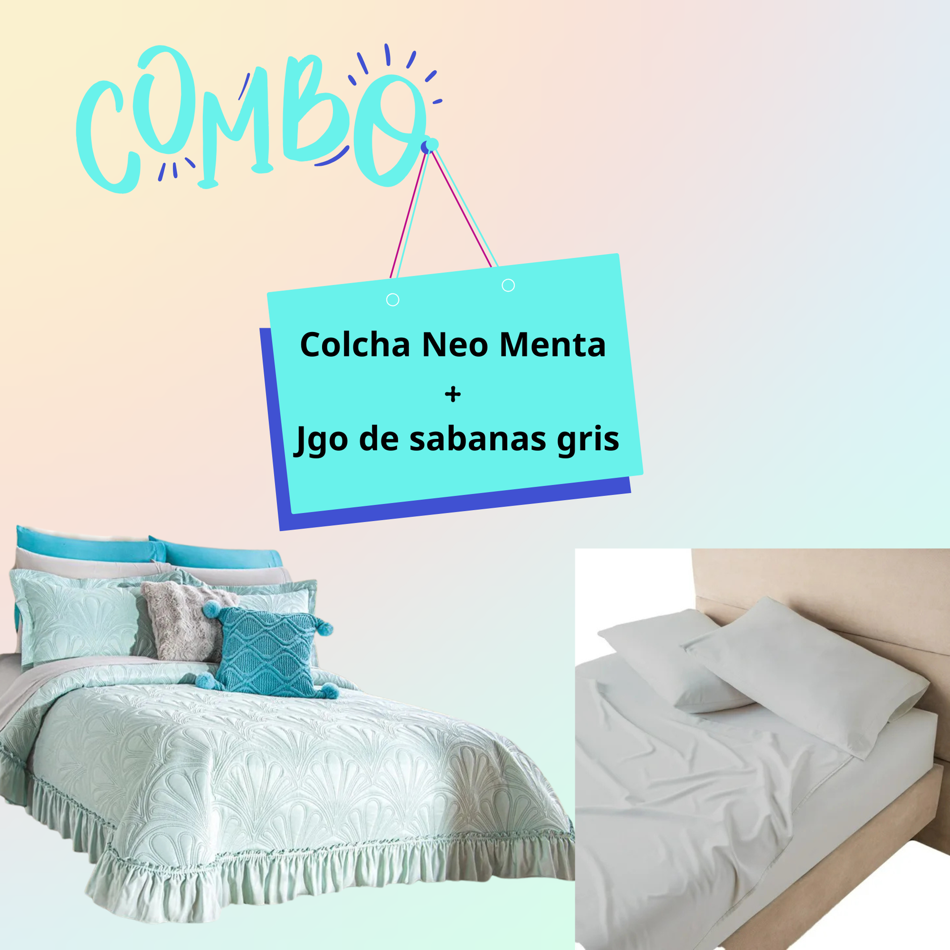 Combo Colcha Neo Menta + 1 Juego De Sabanas Escencial Gris Light