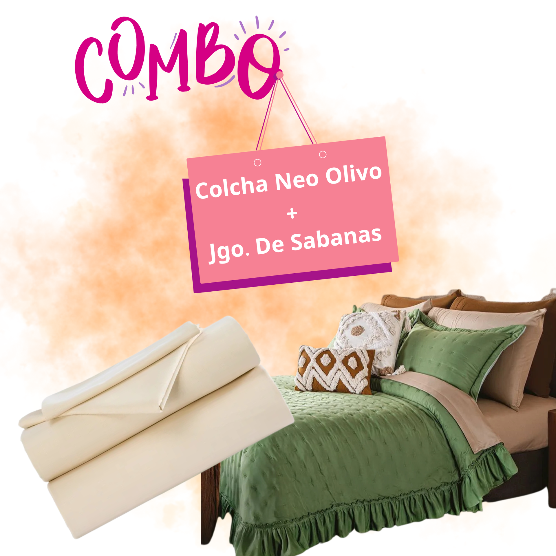 Combo Colcha Neo Olivo  + 1 Juego De Sabanas Escencial Beige