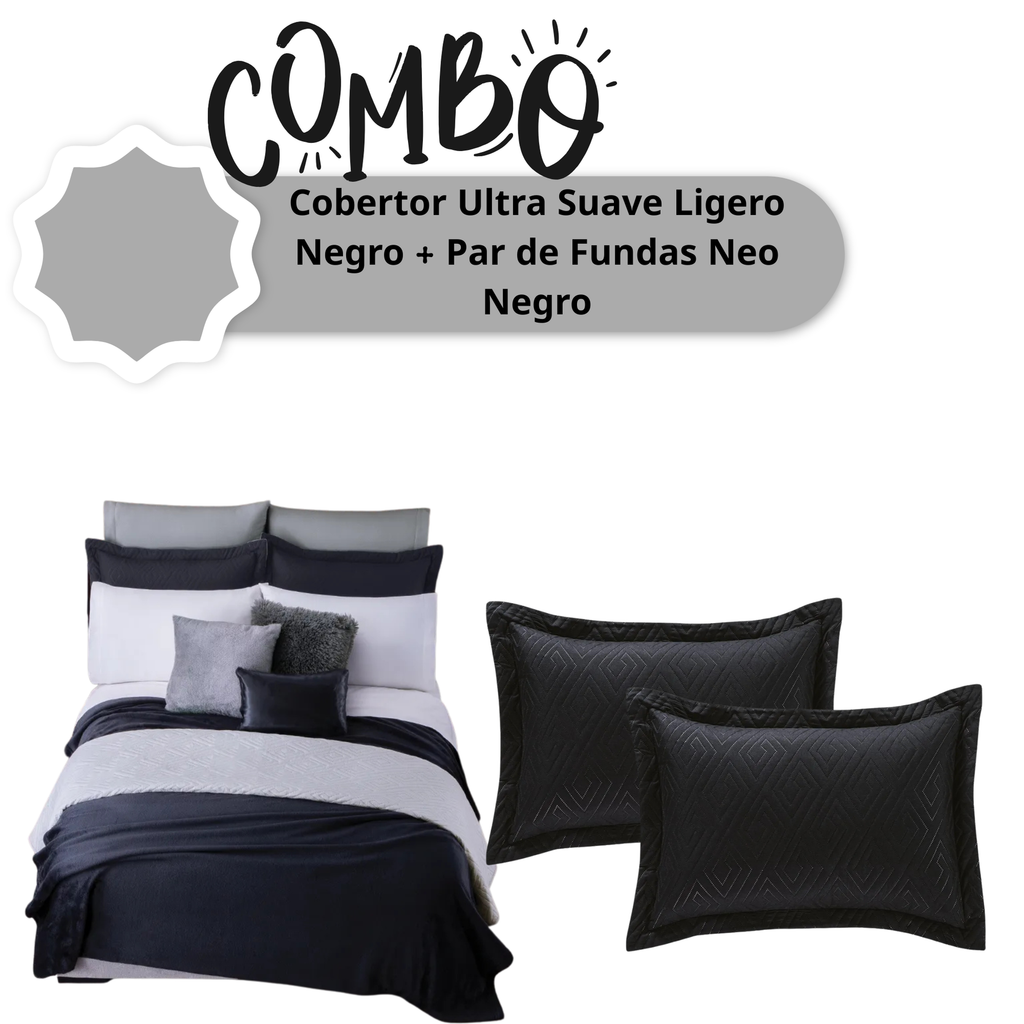 Cobertor Ultra Suave Ligero Negro + Par de Fundas Neo Negro