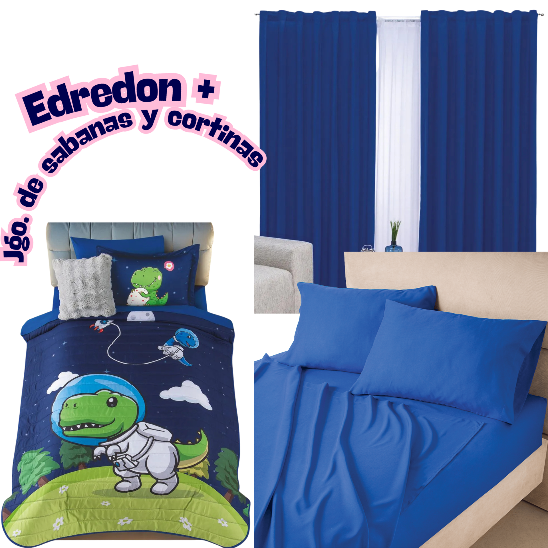 Edredón Neo Dino Astronauta + Sabanas y Cortinas