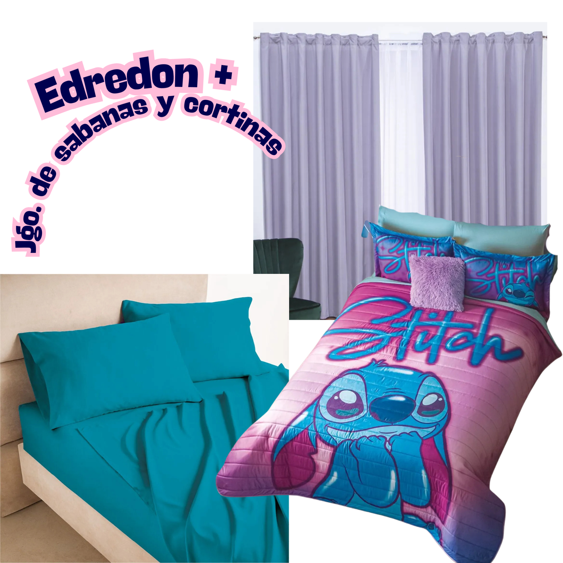Edredón Neo Stitch Amore +Sabanas y Cortinas