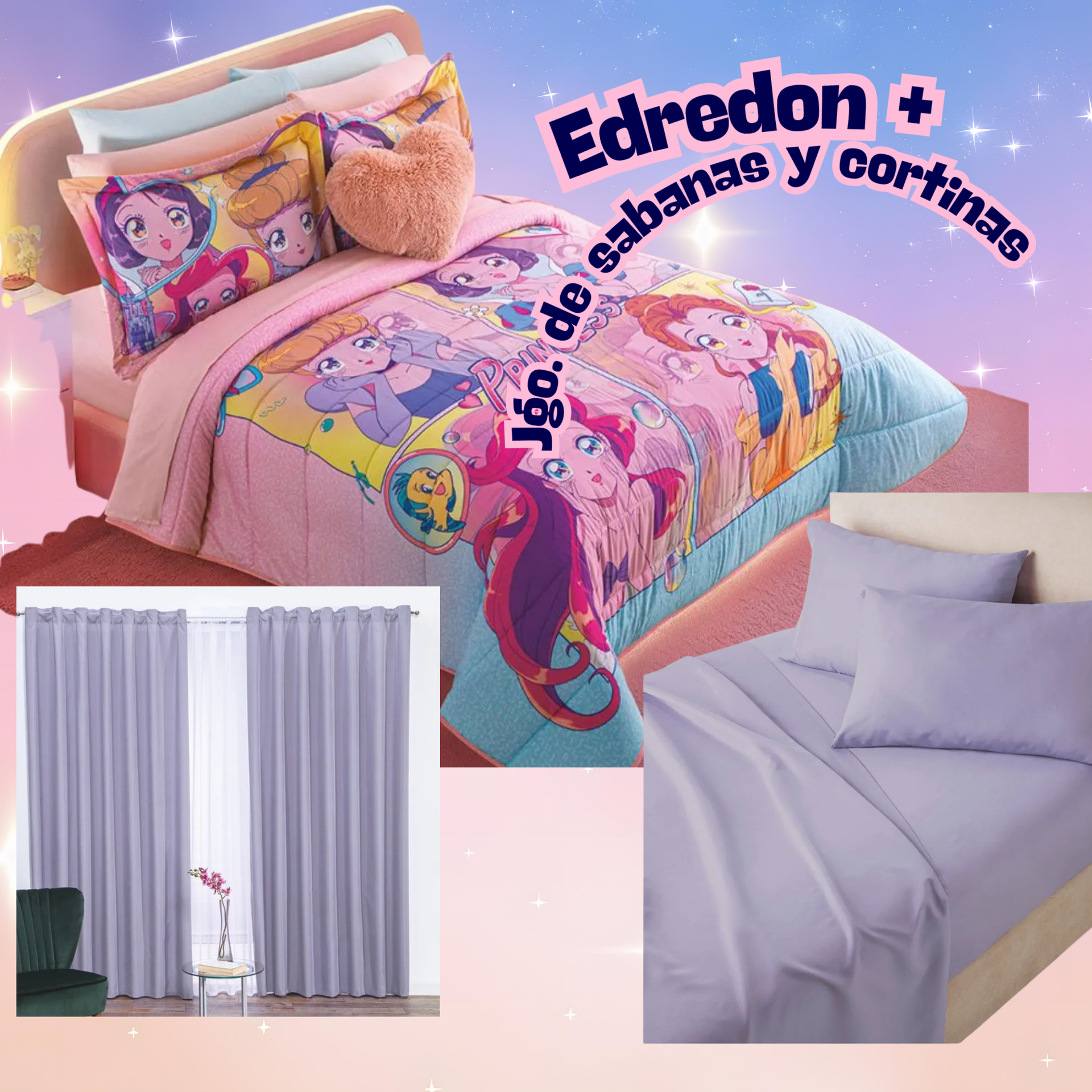 combo edredon princess anime  + jgo de sabaas y cortinas